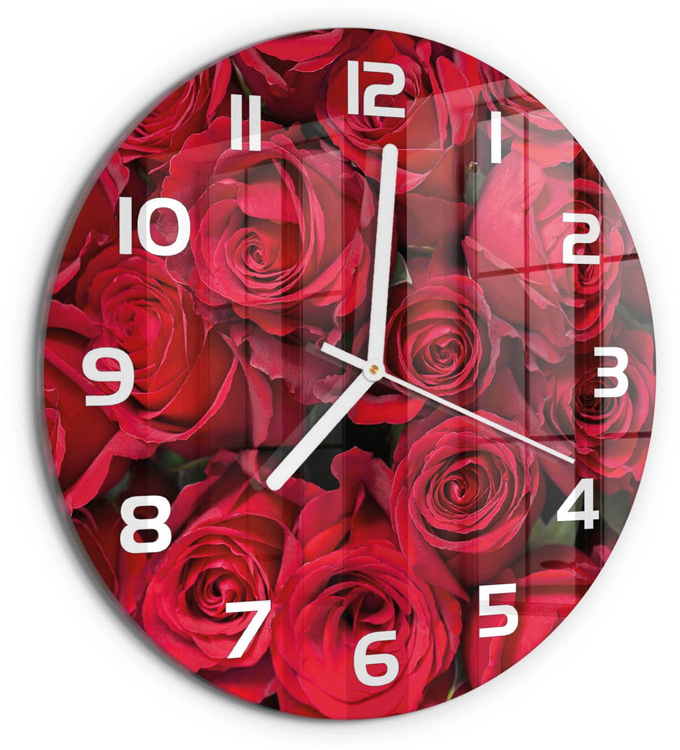 TULUP Wandklok - Rode rozen Moderne Wandklok Glas - fi30 cm - Rood Wandklok Glas Decoratie - Witte handen - Ronde Klok - Glazen Wandklok Design - Klok Glas Met Opdruk