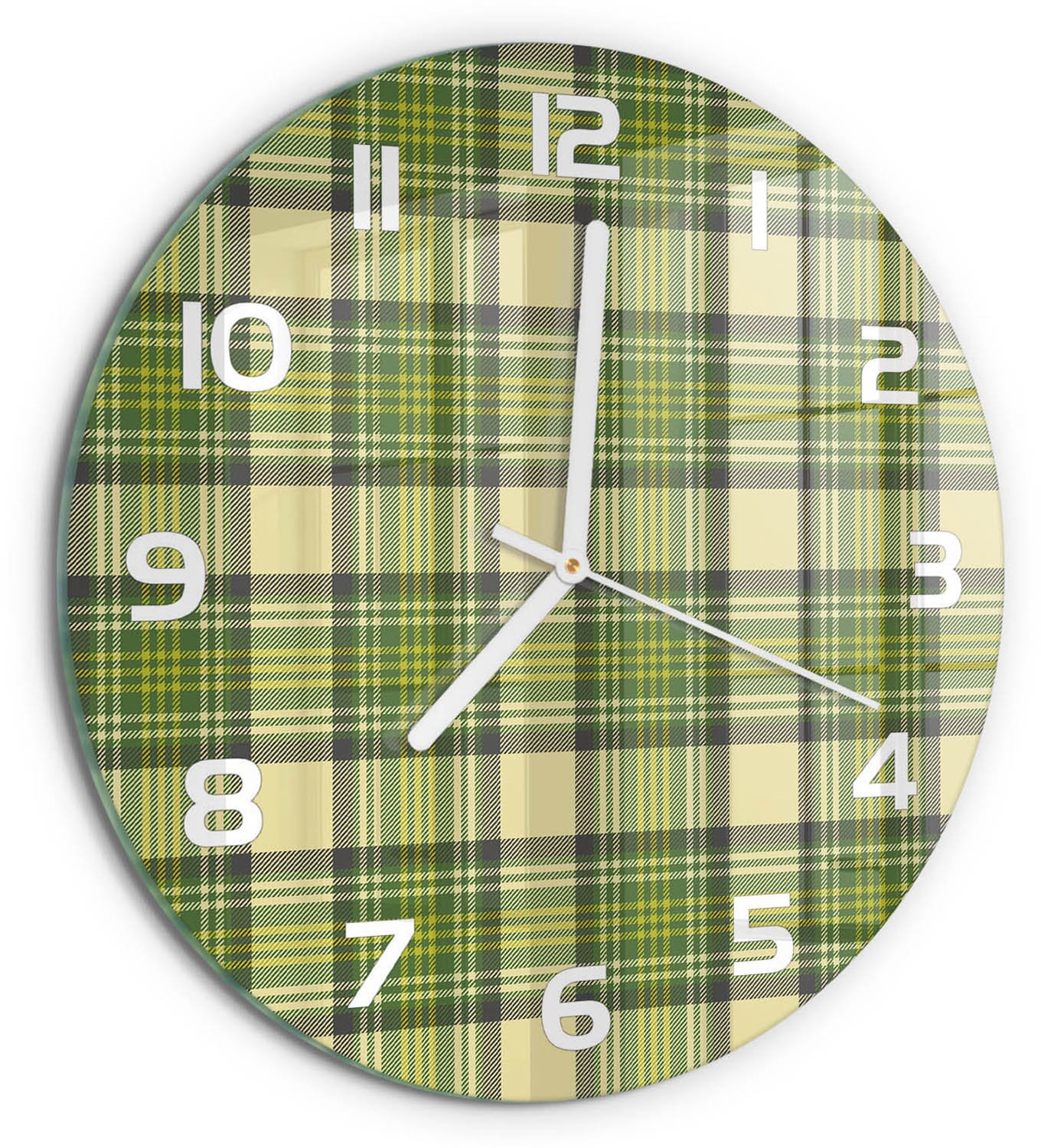 TULUP Wandklok - Groen raster Glazen Klok Met Print - fi30 cm - Groente Wandklok Glas Met Motief - Witte handen - Ronde Klok - Wandklok Glas Decoratie - Gekleurde Glazen Klok