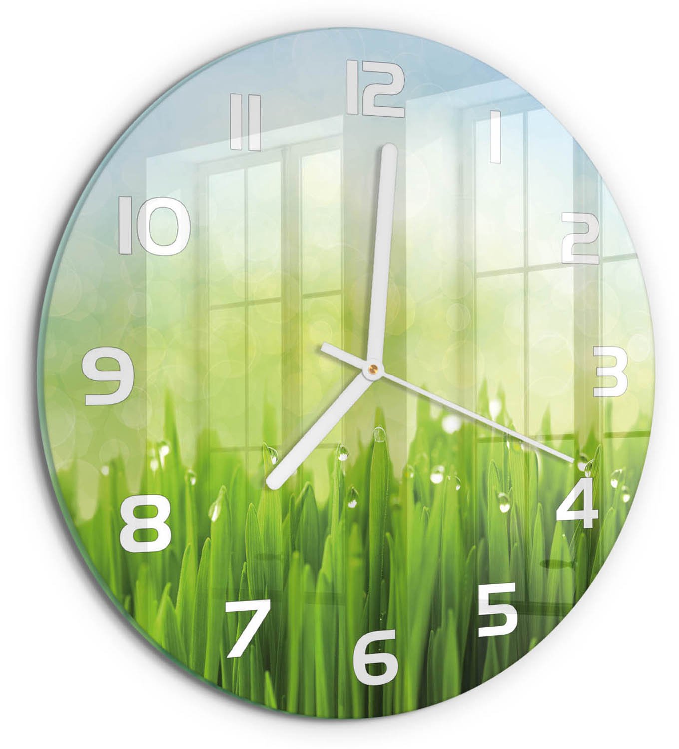 TULUP Wandklok - Gras Wandklok Glas Met Motief - fi30 cm - Groente Decoratieve Glazen Klok - Witte handen - Ronde Klok - Gekleurde Glazen Klok - Glazen Klok Met Print