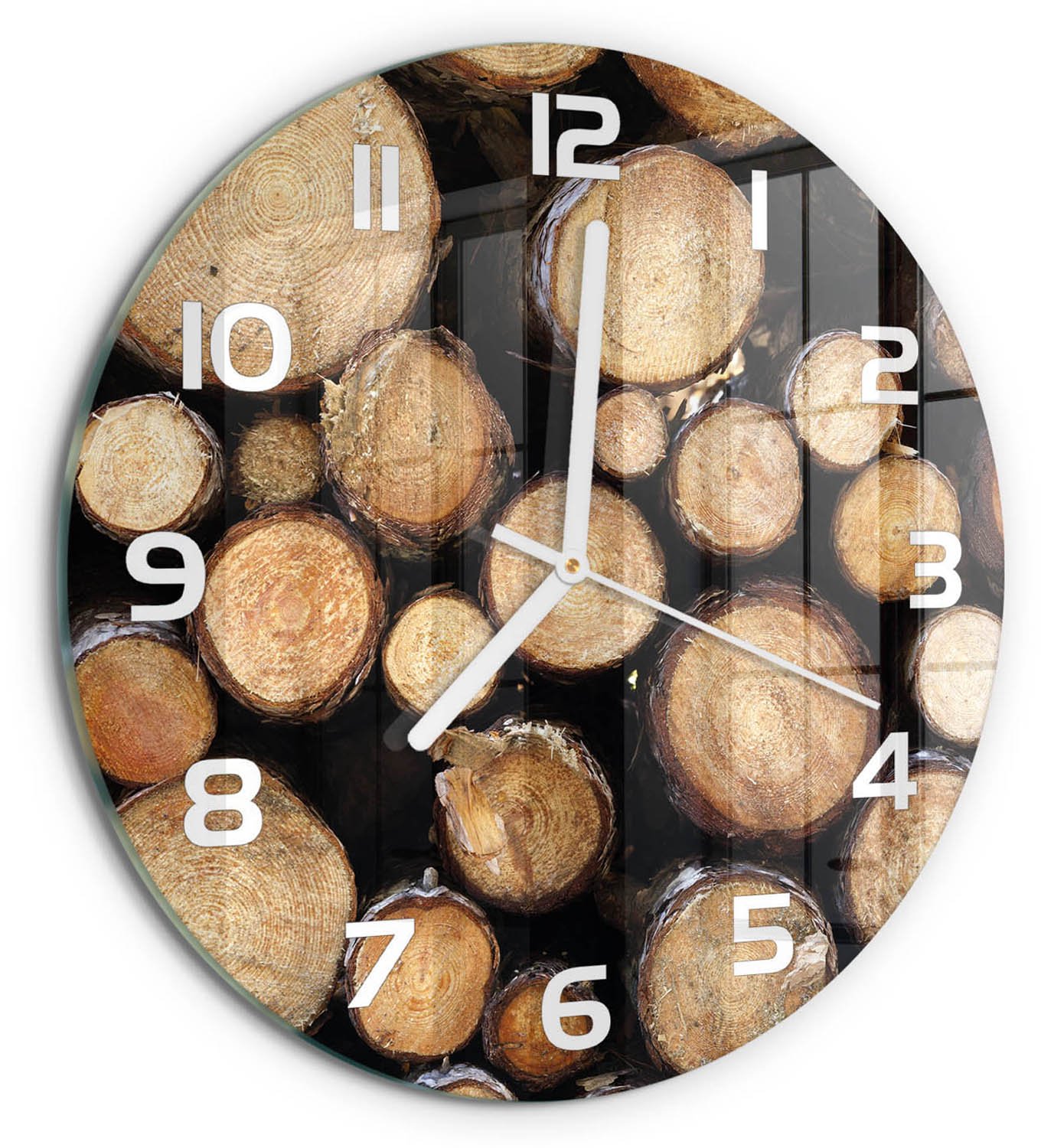 TULUP Wandklok - Logboeken Glazen Klok Met Print - fi30 cm - Bruin Wandklok Glas Met Motief - Witte handen - Ronde Klok - Wandklok Glas Decoratie - Gekleurde Glazen Klok