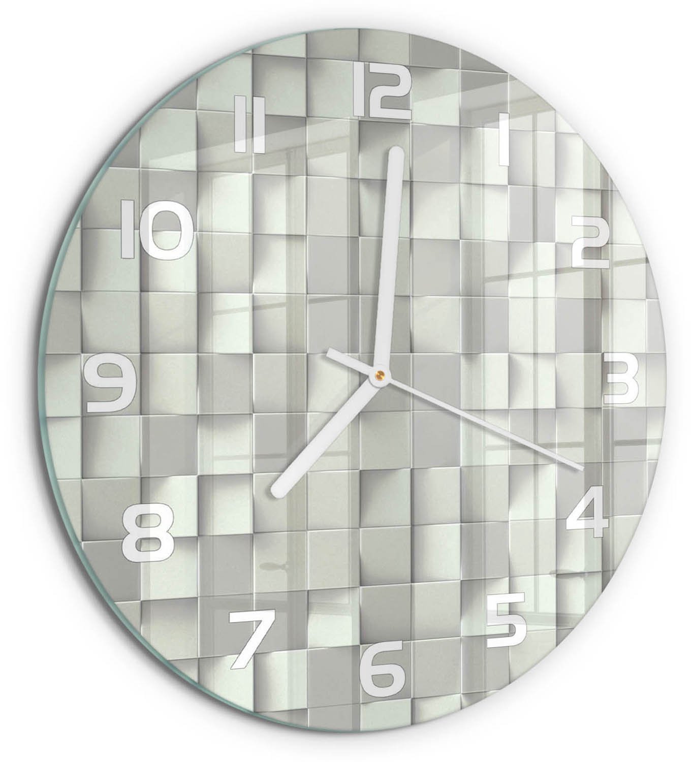 TULUP Wandklok - Geometrische achtergrond Moderne Wandklok Glas - fi30 cm - Wit Wandklok Glas Decoratie - Witte handen - Ronde Klok - Glazen Wandklok Design - Klok Glas Met Opdruk