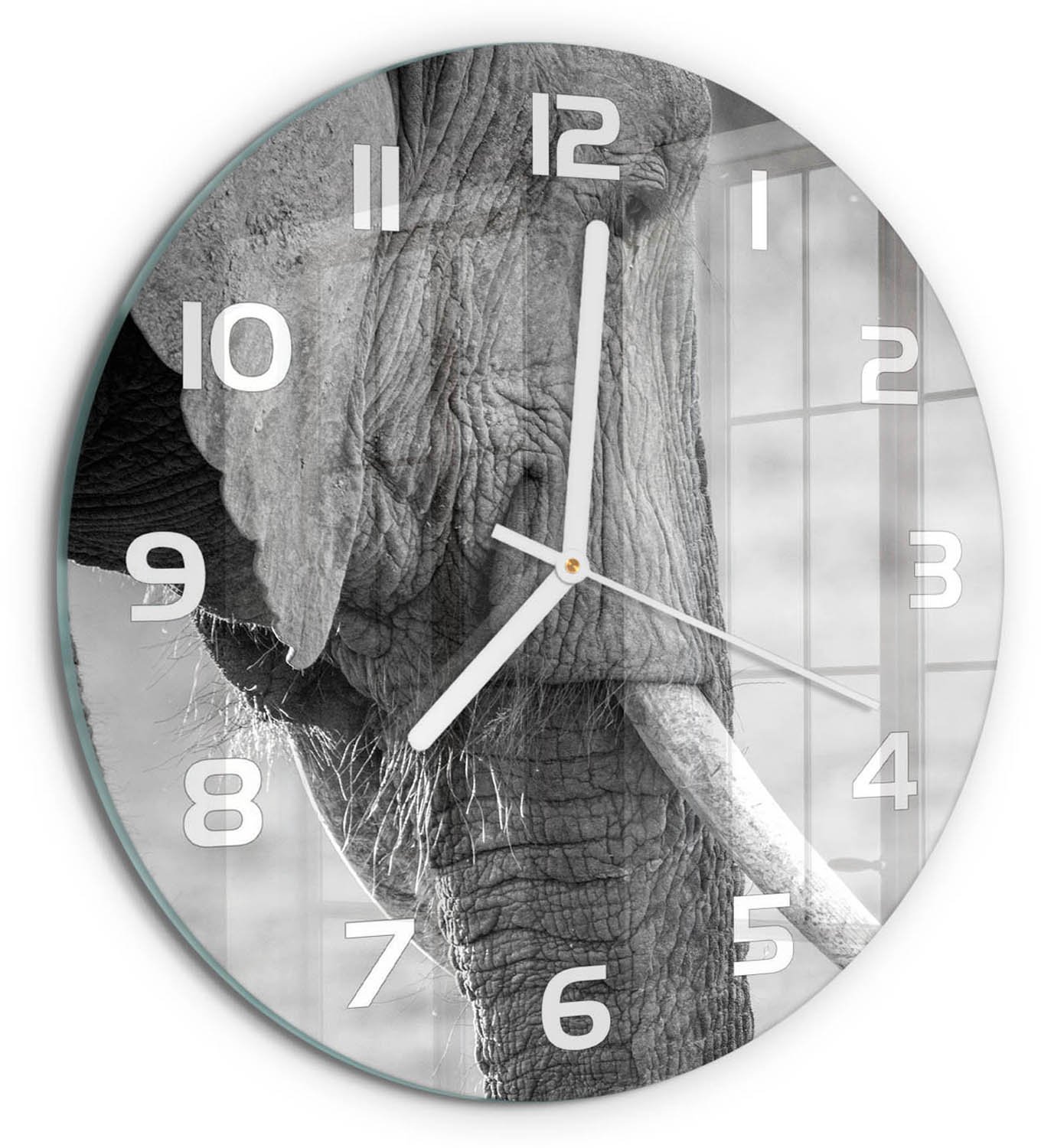 TULUP Wandklok - Olifant Gekleurde Glazen Klok - fi30 cm - Zwart-wit Glazen Klok Met Print - Witte handen - Ronde Klok - Moderne Wandklok Glas - Wandklok Glas Decoratie