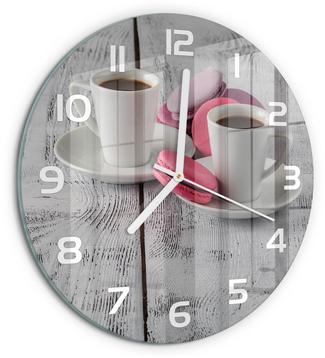 TULUP Wandklok - Koffie en koekjes Decoratieve Glazen Klok - fi30 cm - Roze Glazen Wandklok Design - Witte handen - Ronde Klok - Glazen Klok Met Print - Wandklok Glas Met Motief