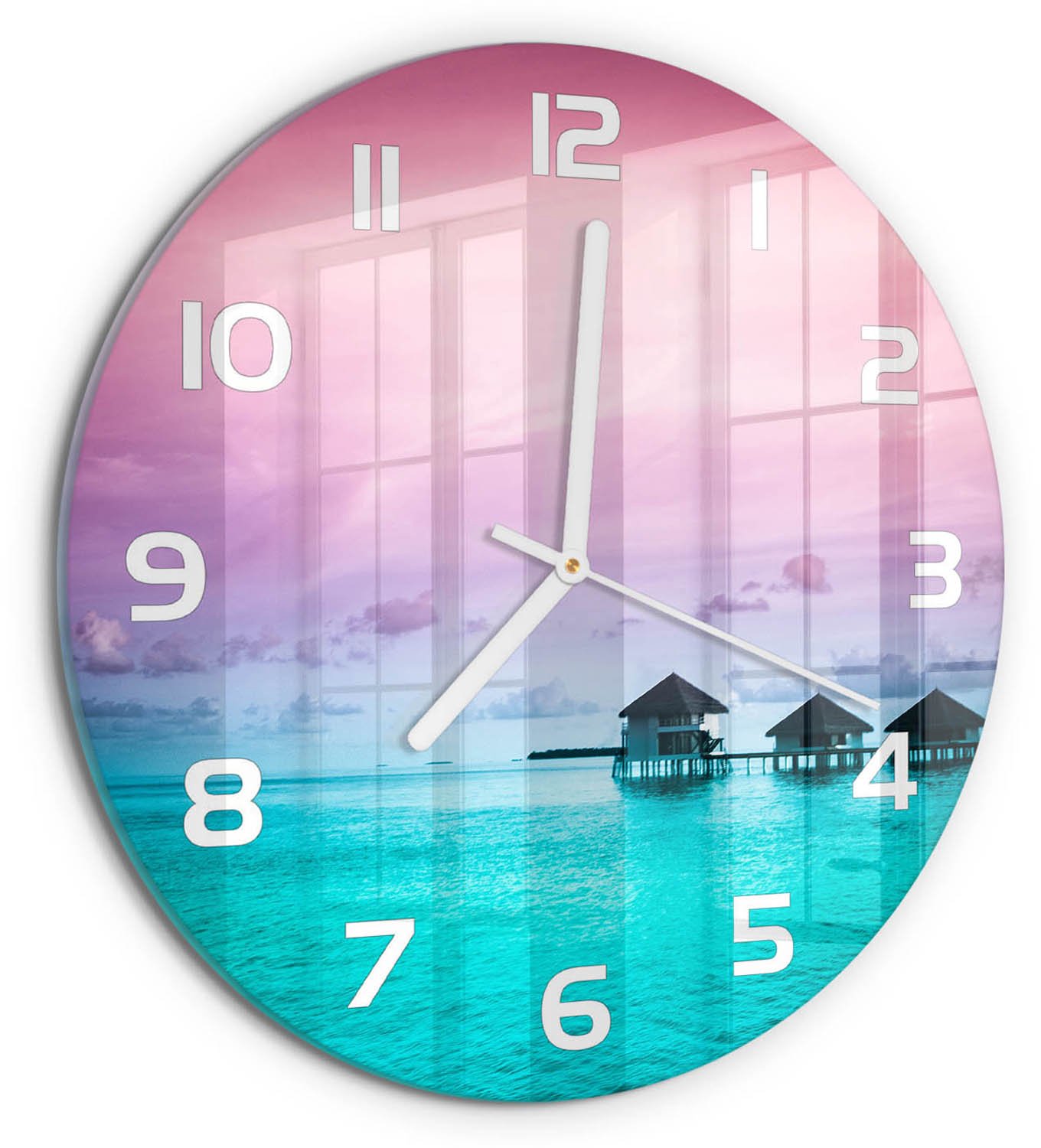 TULUP Wandklok - Bungalows aan het water Moderne Wandklok Glas - fi30 cm - Blauw Wandklok Glas Decoratie - Witte handen - Ronde Klok - Glazen Wandklok Design - Klok Glas Met Opdruk
