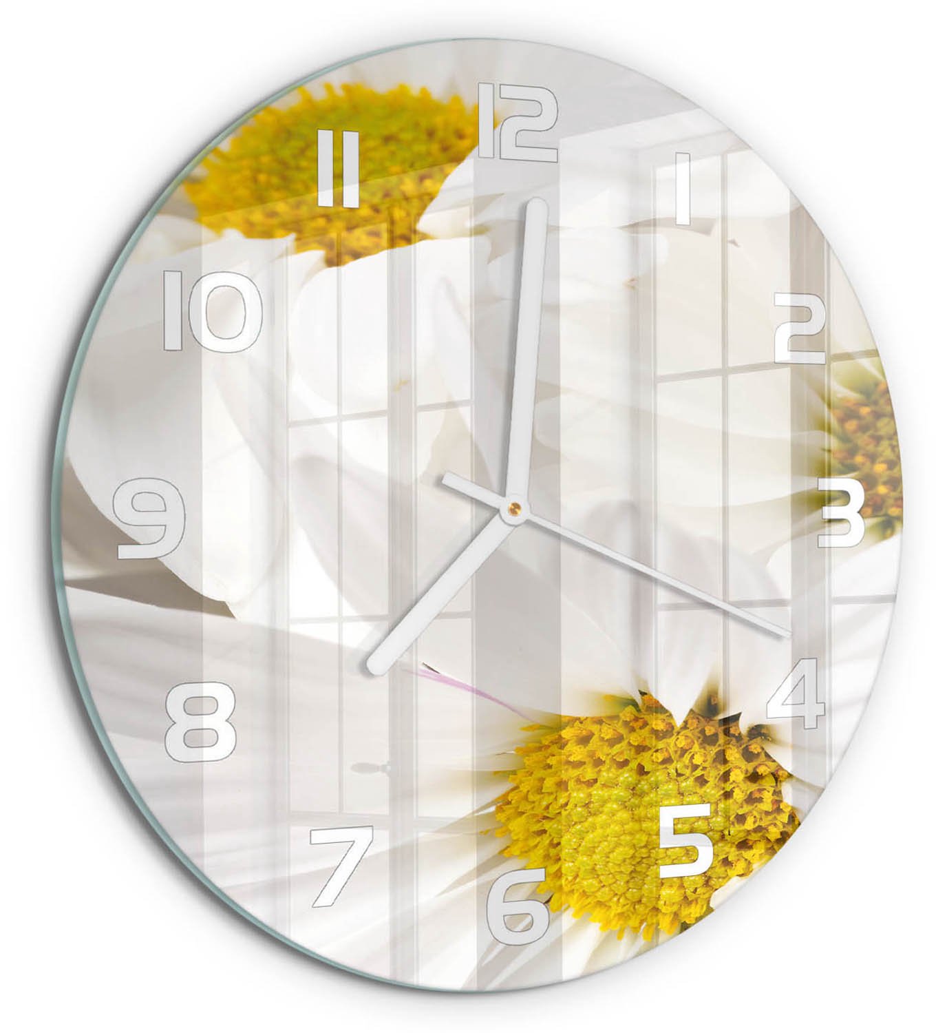 TULUP Wandklok - Madeliefje Moderne Wandklok Glas - fi30 cm - Geel Wandklok Glas Decoratie - Witte handen - Ronde Klok - Glazen Wandklok Design - Klok Glas Met Opdruk