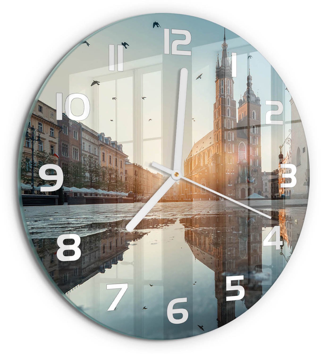 TULUP Wandklok - Krakau, Polen Decoratieve Glazen Klok - fi30 cm - Blauw Glazen Wandklok Design - Witte handen - Ronde Klok - Glazen Klok Met Print - Wandklok Glas Met Motief
