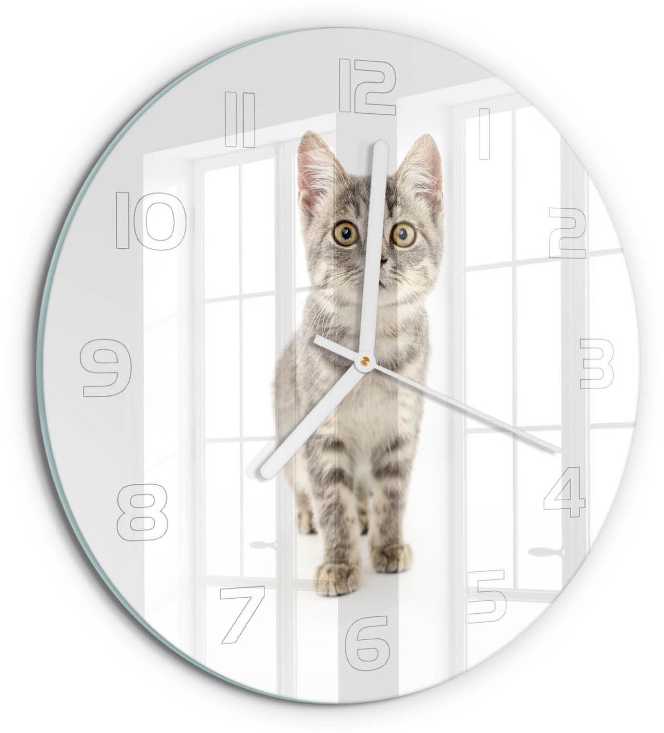 TULUP Wandklok - Grijze kat Klok Glas Met Opdruk - fi30 cm - Grijs Moderne Wandklok Glas - Witte handen - Ronde Klok - Decoratieve Glazen Klok - Glazen Wandklok Design