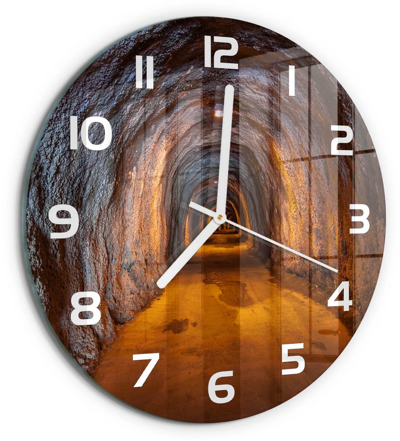 TULUP Wandklok - Ondergrondse tunnel Glazen Wandklok Design - fi30 cm - Oranje Klok Glas Met Opdruk - Witte handen - Ronde Klok - Wandklok Glas Met Motief - Decoratieve Glazen Klok