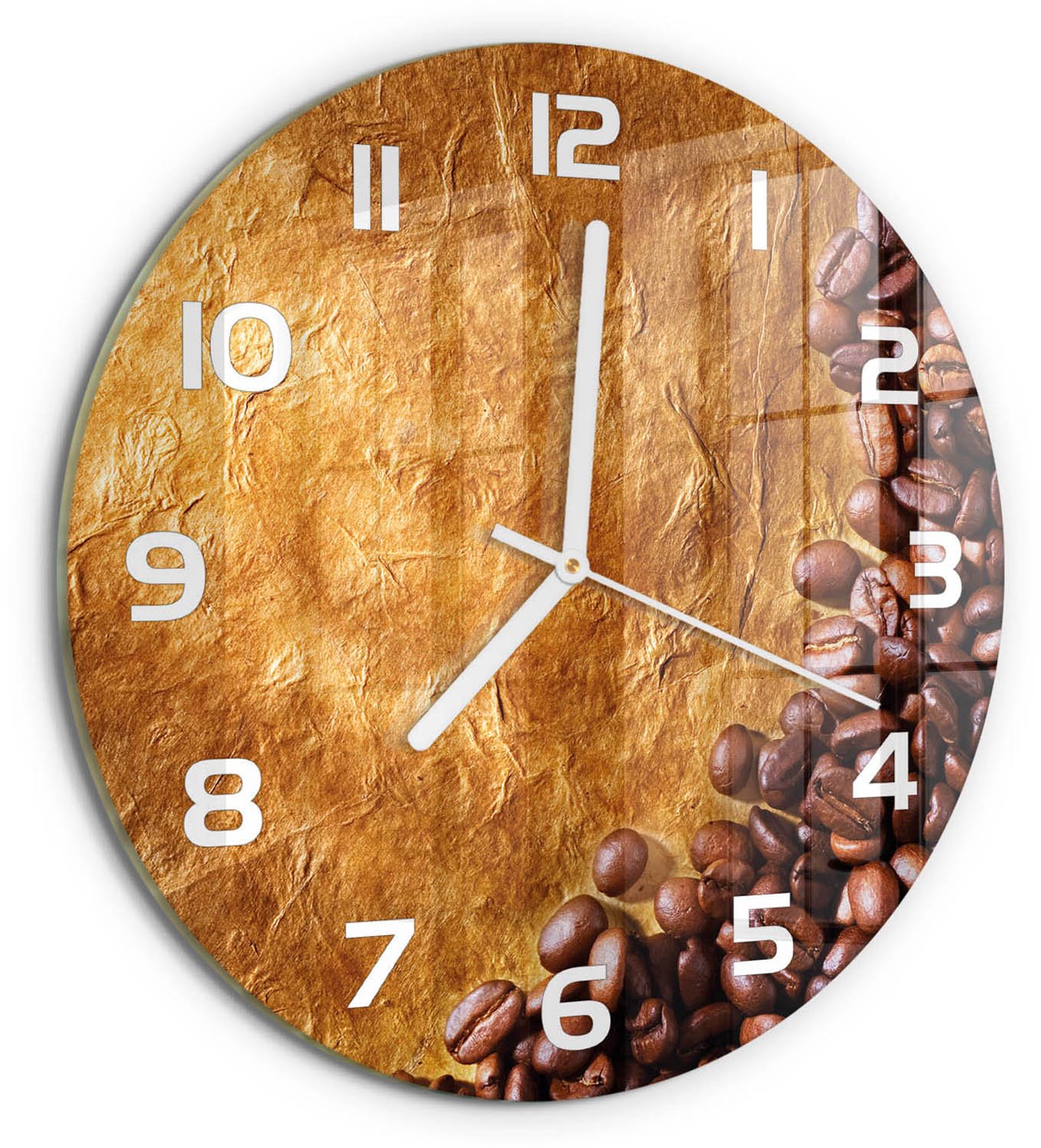 TULUP Wandklok - Koffiebonen Klok Glas Met Opdruk - fi30 cm - Bruin Moderne Wandklok Glas - Witte handen - Ronde Klok - Decoratieve Glazen Klok - Glazen Wandklok Design