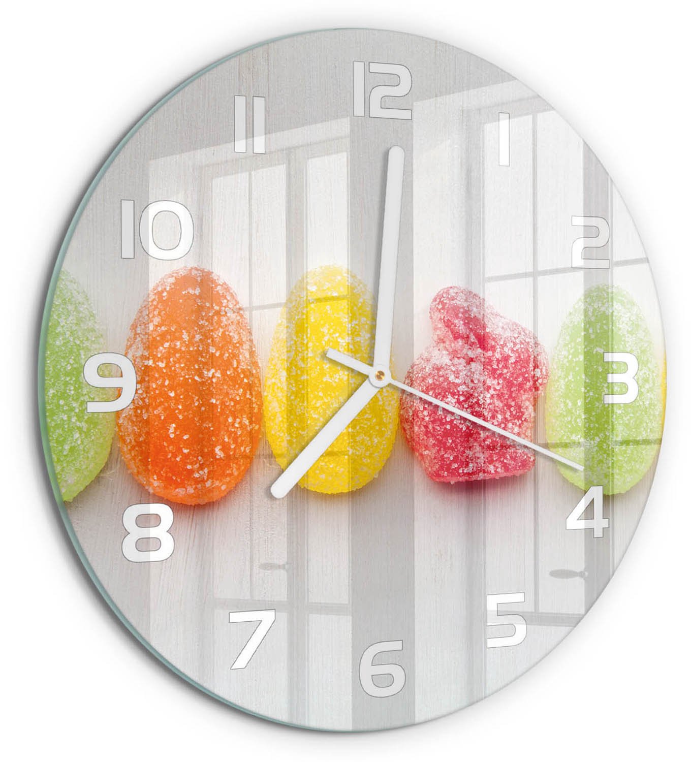 TULUP Wandklok - Kleurrijke Jelly Beans Moderne Wandklok Glas - fi30 cm - Veelkleurig Wandklok Glas Decoratie - Witte handen - Ronde Klok - Glazen Wandklok Design - Klok Glas Met Opdruk