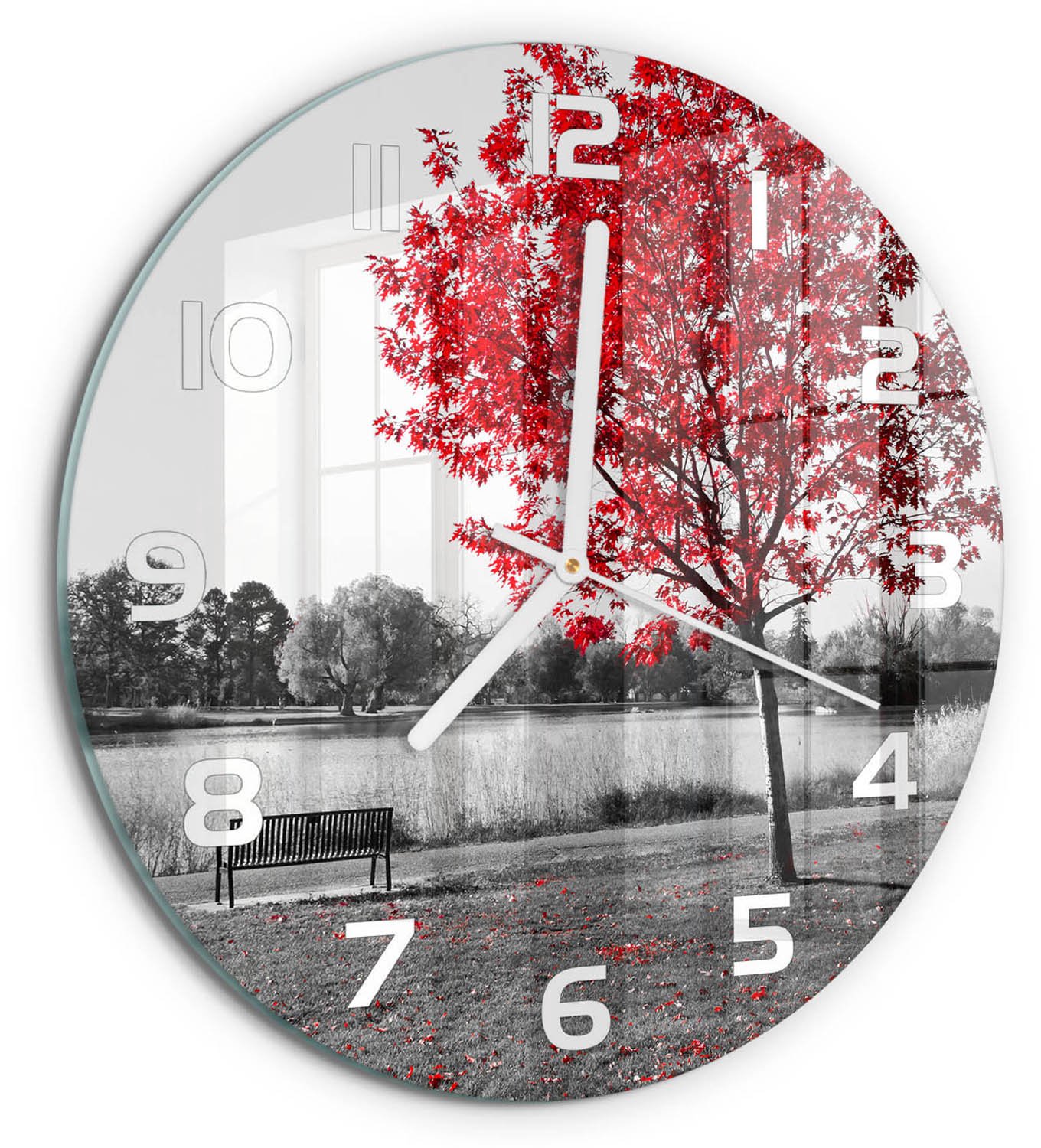 TULUP Wandklok - Rode boom Glazen Wandklok Design - fi30 cm - Rood Klok Glas Met Opdruk - Witte handen - Ronde Klok - Wandklok Glas Met Motief - Decoratieve Glazen Klok