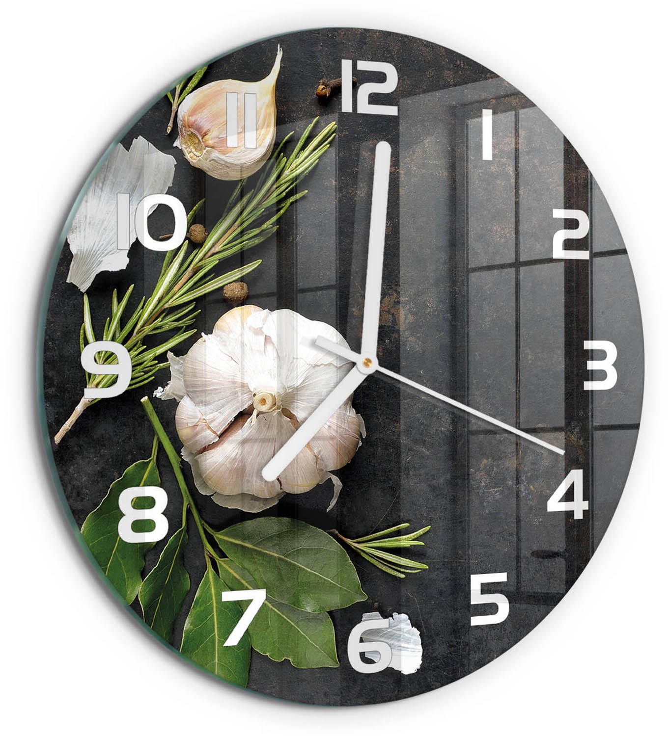 TULUP Wandklok - Knoflook Gekleurde Glazen Klok - fi30 cm - Wit Glazen Klok Met Print - Witte handen - Ronde Klok - Moderne Wandklok Glas - Wandklok Glas Decoratie