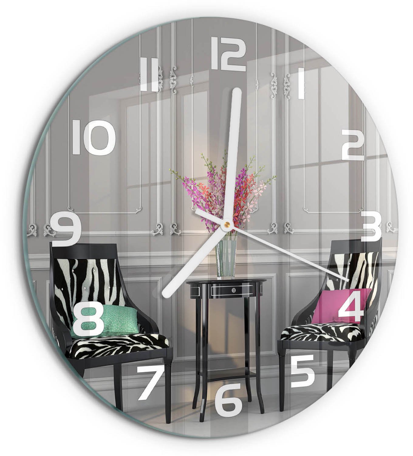 TULUP Wandklok - Twee stoelen Moderne Wandklok Glas - fi30 cm - Veelkleurig Wandklok Glas Decoratie - Witte handen - Ronde Klok - Glazen Wandklok Design - Klok Glas Met Opdruk