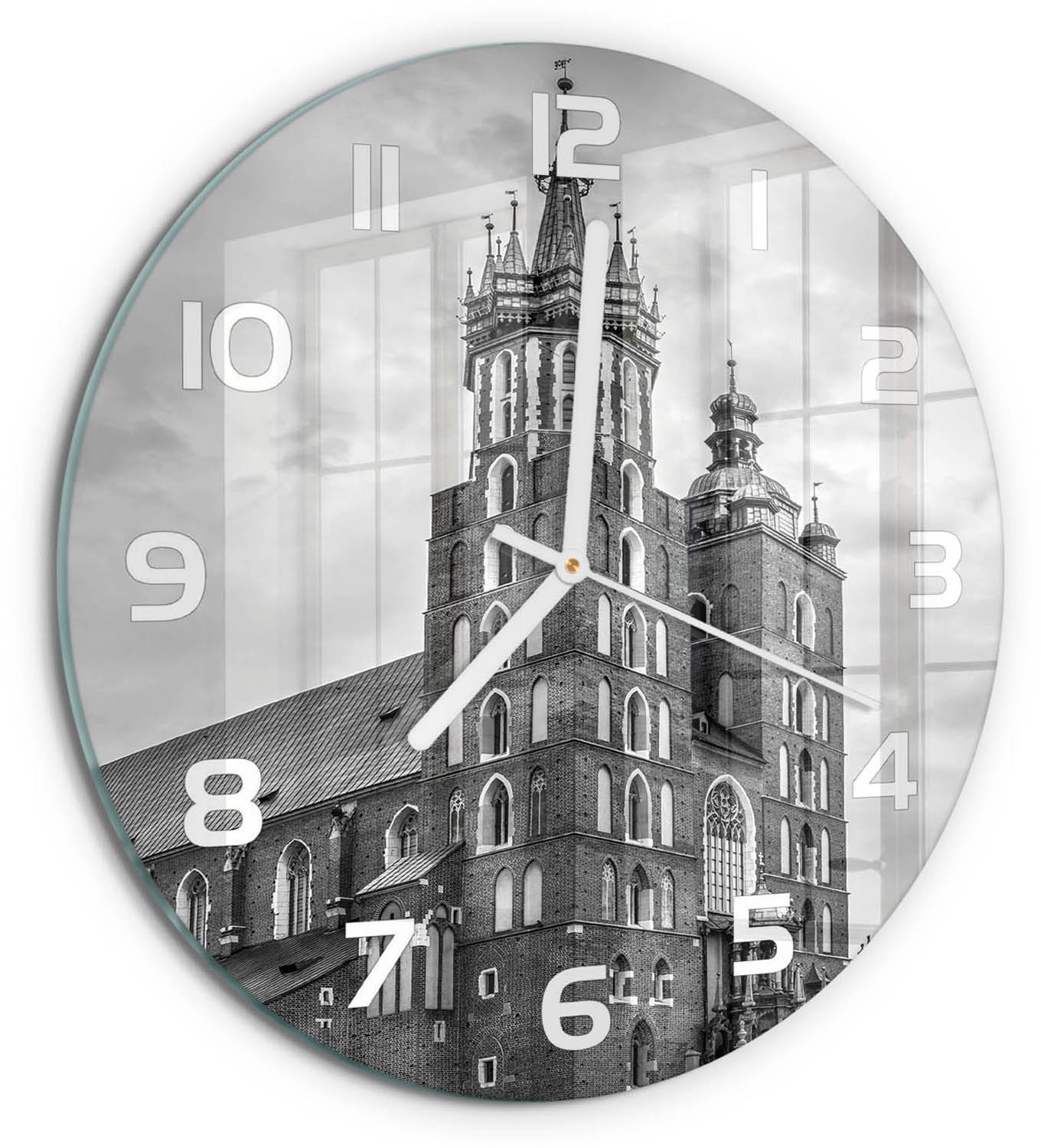 TULUP Wandklok - Krakau, Polen Wandklok Glas Decoratie - fi30 cm - Zwart-wit Gekleurde Glazen Klok - Witte handen - Ronde Klok - Klok Glas Met Opdruk - Moderne Wandklok Glas