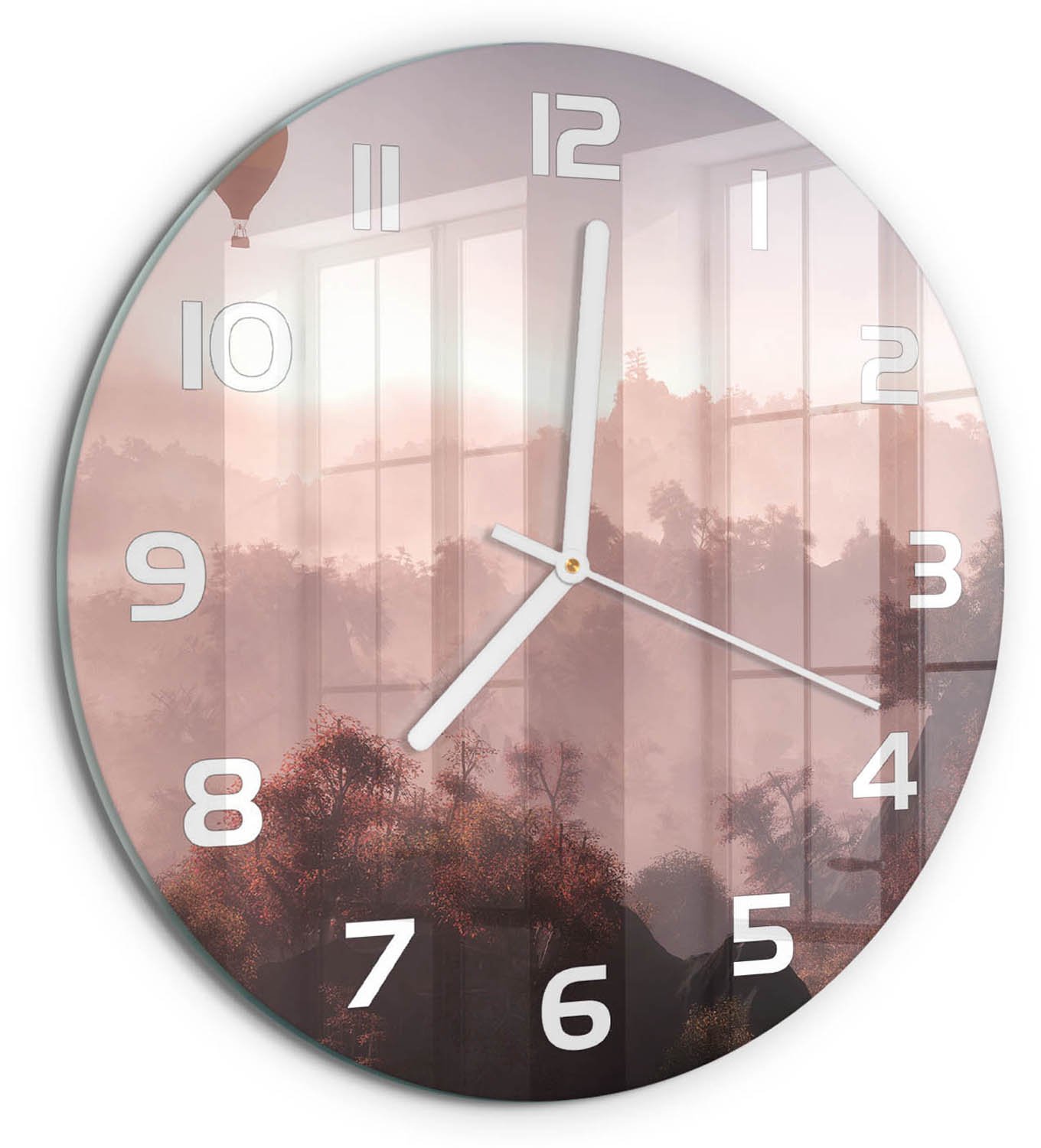 TULUP Wandklok - Ballonvaart boven het bos Decoratieve Glazen Klok - fi30 cm - Bruin Glazen Wandklok Design - Witte handen - Ronde Klok - Glazen Klok Met Print - Wandklok Glas Met Motief