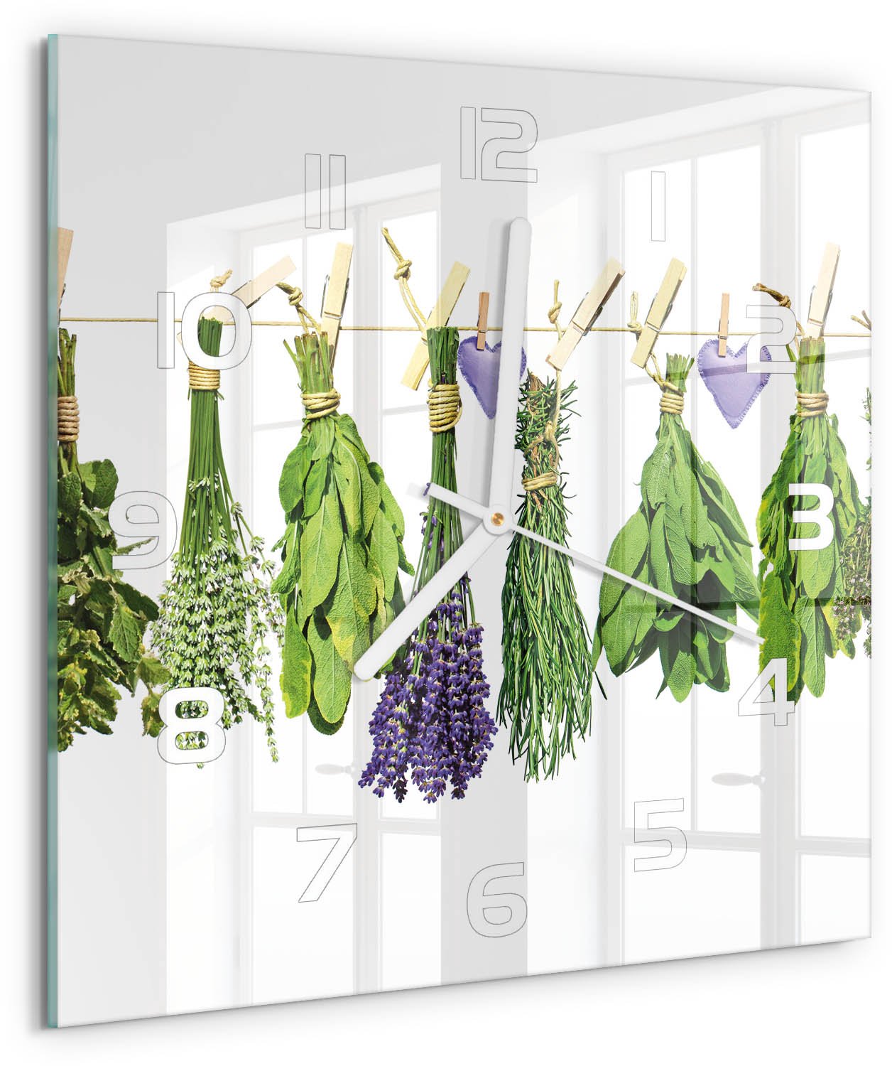 Tulup Wandklok - Kruiden aan een touwtje Glazen Klok Met Print - 30x30 cm - Groente Wandklok Glas Met Motief - Witte handen - Vierkante Klok - Wandklok Glas Decoratie - Gekleurde Glazen Klok