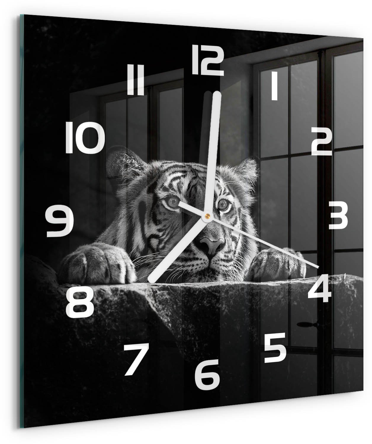Tulup Wandklok - Tijger Moderne Wandklok Glas - 30x30 cm - Zwart-wit Wandklok Glas Decoratie - Witte handen - Vierkante Klok - Glazen Wandklok Design - Klok Glas Met Opdruk