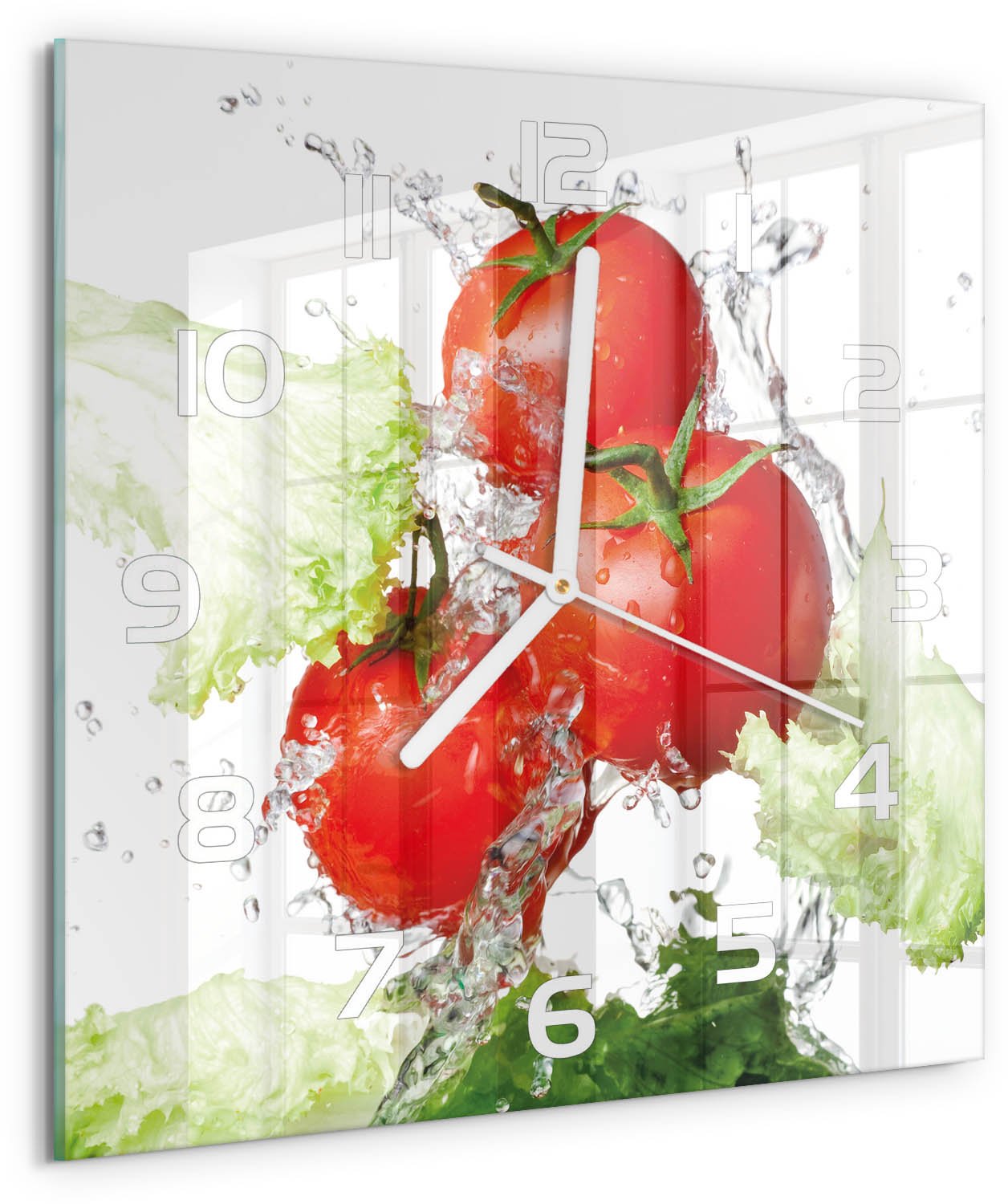 Tulup Wandklok - Tomaten en sla Wandklok Glas Met Motief - 30x30 cm - Rood Decoratieve Glazen Klok - Witte handen - Vierkante Klok - Gekleurde Glazen Klok - Glazen Klok Met Print