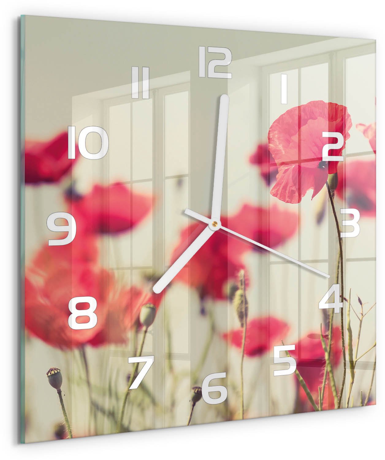 Tulup Wandklok - Veldklaproos Glazen Klok Met Print - 30x30 cm - Rood Wandklok Glas Met Motief - Witte handen - Vierkante Klok - Wandklok Glas Decoratie - Gekleurde Glazen Klok