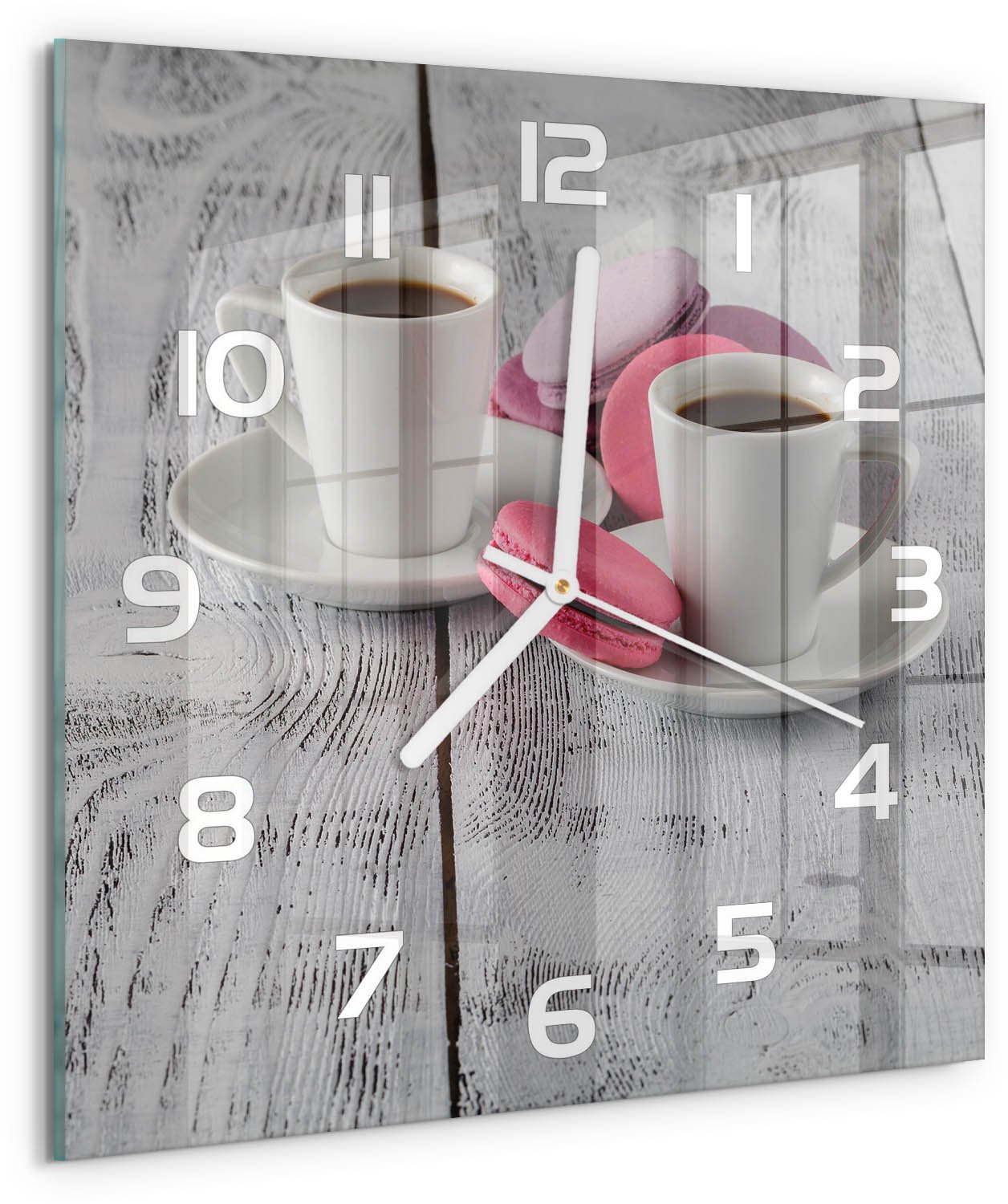 Tulup Wandklok - Koffie en koekjes Wandklok Glas Decoratie - 30x30 cm - Roze Gekleurde Glazen Klok - Witte handen - Vierkante Klok - Klok Glas Met Opdruk - Moderne Wandklok Glas