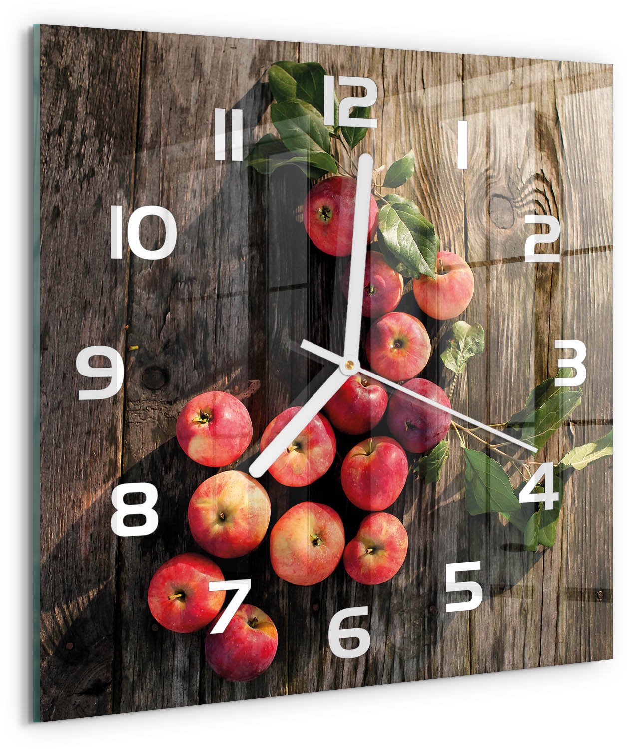 Tulup Wandklok - Appels op tafel Gekleurde Glazen Klok - 30x30 cm - Rood Glazen Klok Met Print - Witte handen - Vierkante Klok - Moderne Wandklok Glas - Wandklok Glas Decoratie