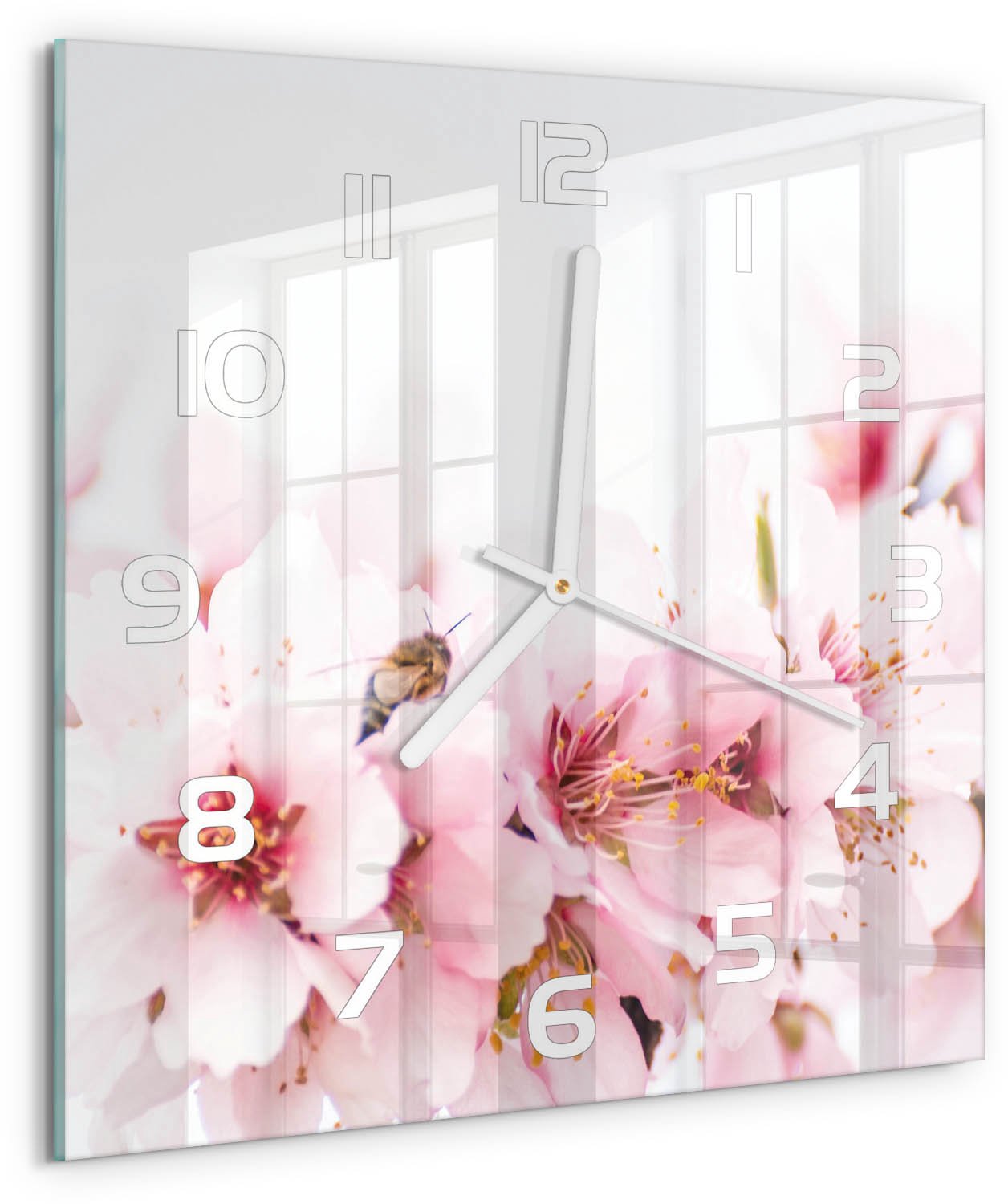 Tulup Wandklok - Kersenbloesem Gekleurde Glazen Klok - 30x30 cm - Roze Glazen Klok Met Print - Witte handen - Vierkante Klok - Moderne Wandklok Glas - Wandklok Glas Decoratie