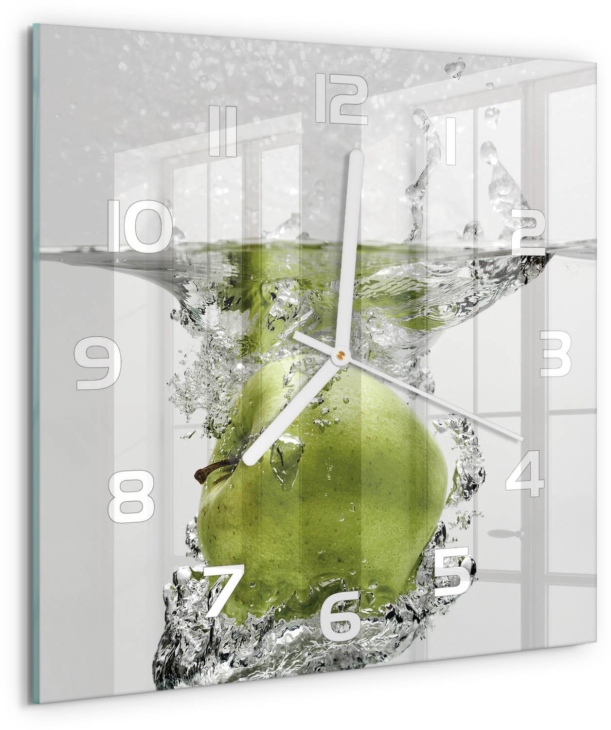 Tulup Wandklok - Appel onder water Klok Glas Met Opdruk - 30x30 cm - Groente Moderne Wandklok Glas - Witte handen - Vierkante Klok - Decoratieve Glazen Klok - Glazen Wandklok Design