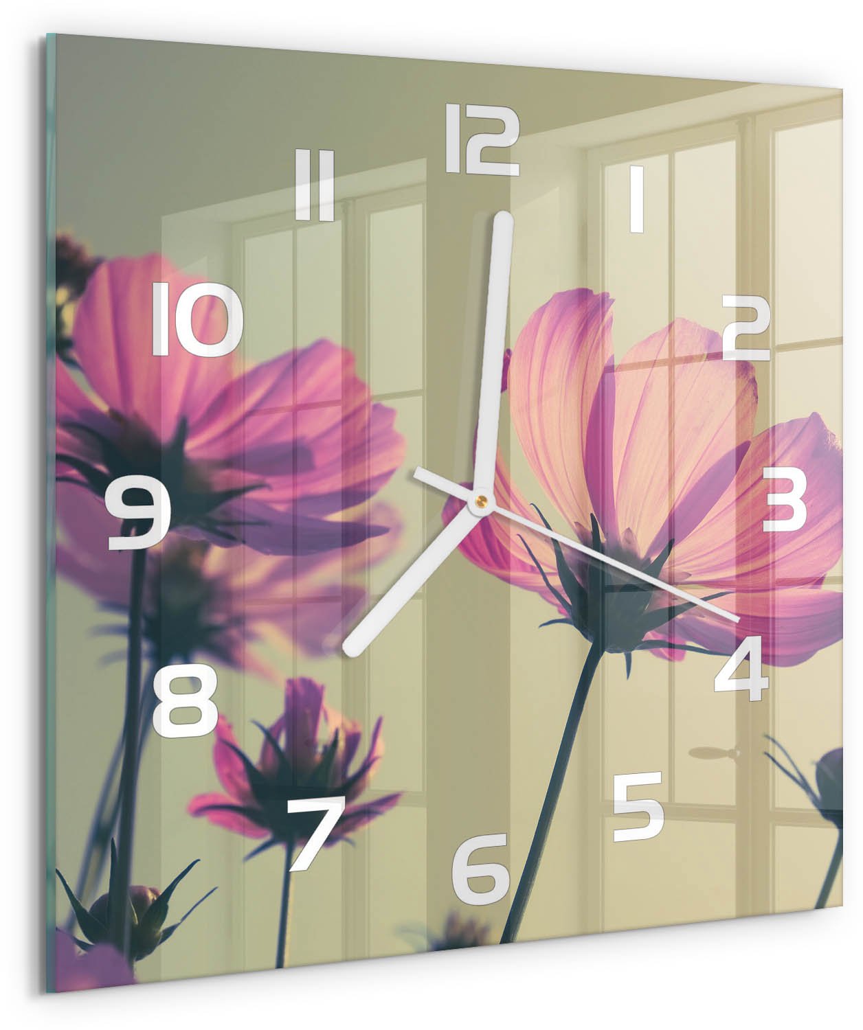 Tulup Wandklok - Roze bloemen Decoratieve Glazen Klok - 30x30 cm - Roze Glazen Wandklok Design - Witte handen - Vierkante Klok - Glazen Klok Met Print - Wandklok Glas Met Motief