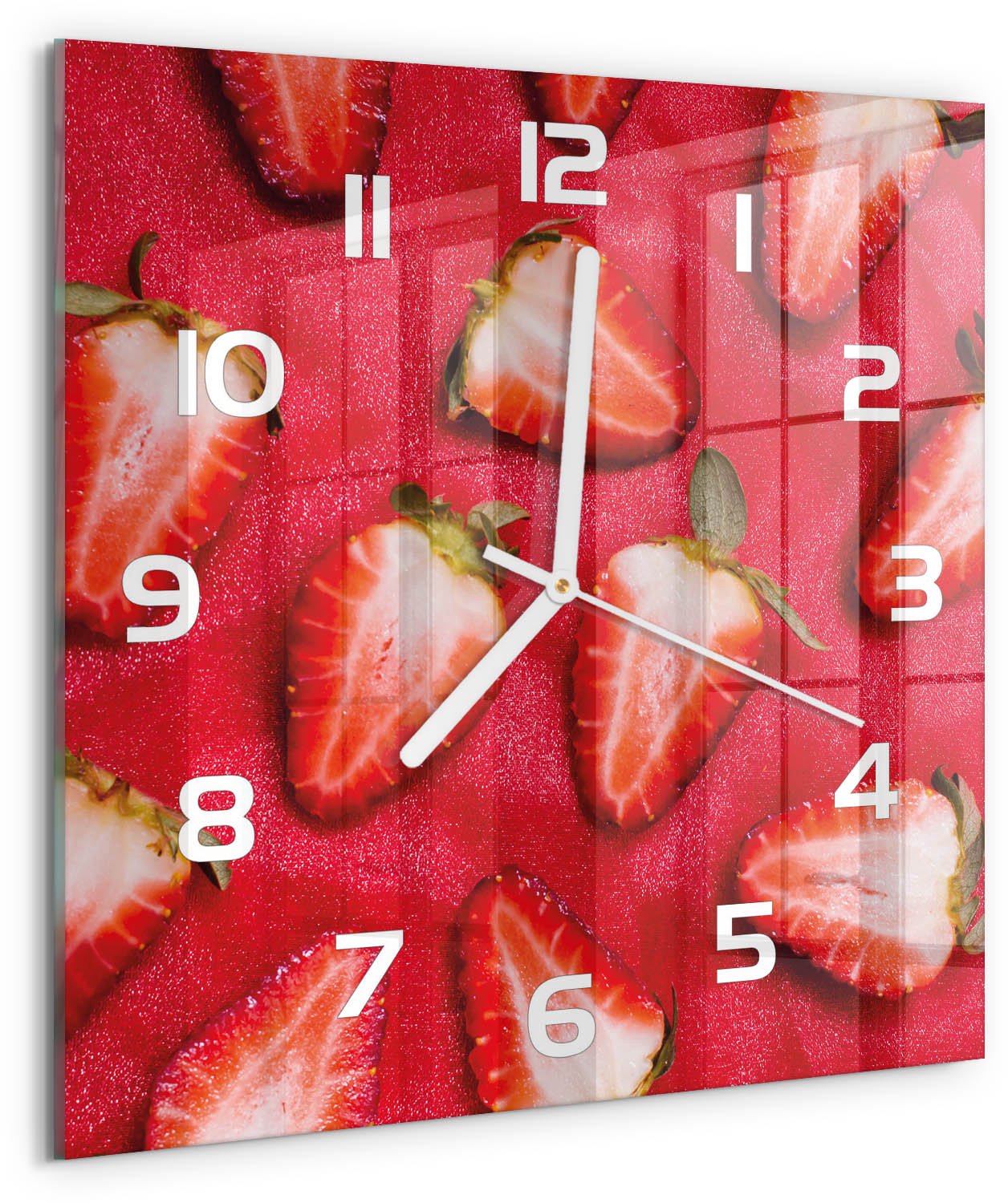 Tulup Wandklok - Gesneden aardbeien Decoratieve Glazen Klok - 30x30 cm - Rood Glazen Wandklok Design - Witte handen - Vierkante Klok - Glazen Klok Met Print - Wandklok Glas Met Motief