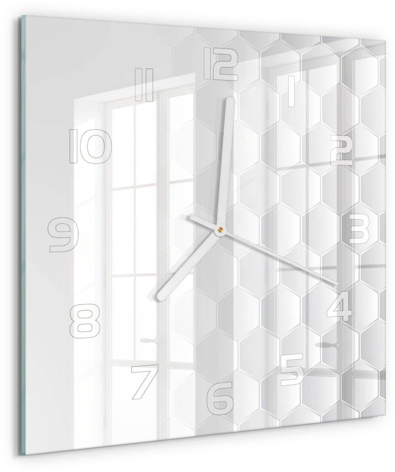 TULUP Wandklok - Zeshoekige achtergrond Gekleurde Glazen Klok - 30x30 cm - Wit Glazen Klok Met Print - Witte handen - Vierkante Klok - Moderne Wandklok Glas - Wandklok Glas Decoratie