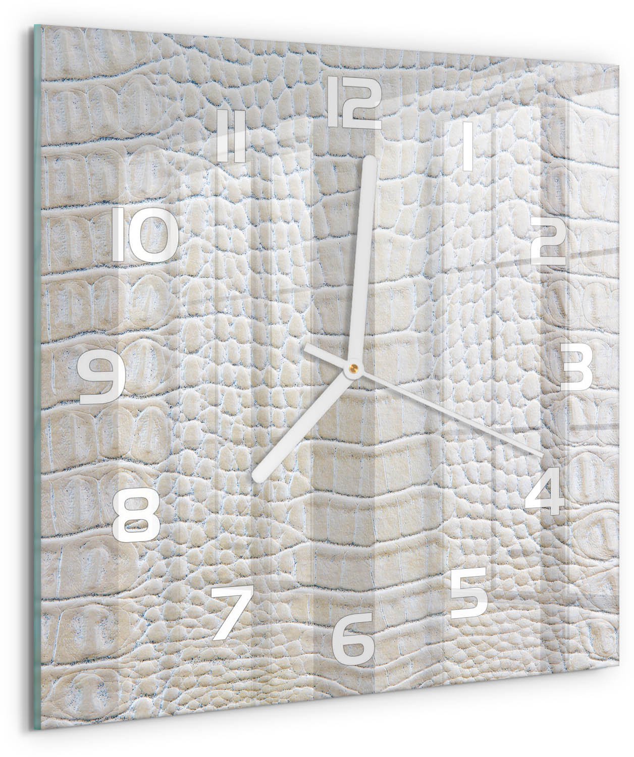 TULUP Wandklok - Krokodillenhuid Wandklok Glas Met Motief - 30x30 cm - Beige Decoratieve Glazen Klok - Witte handen - Vierkante Klok - Gekleurde Glazen Klok - Glazen Klok Met Print
