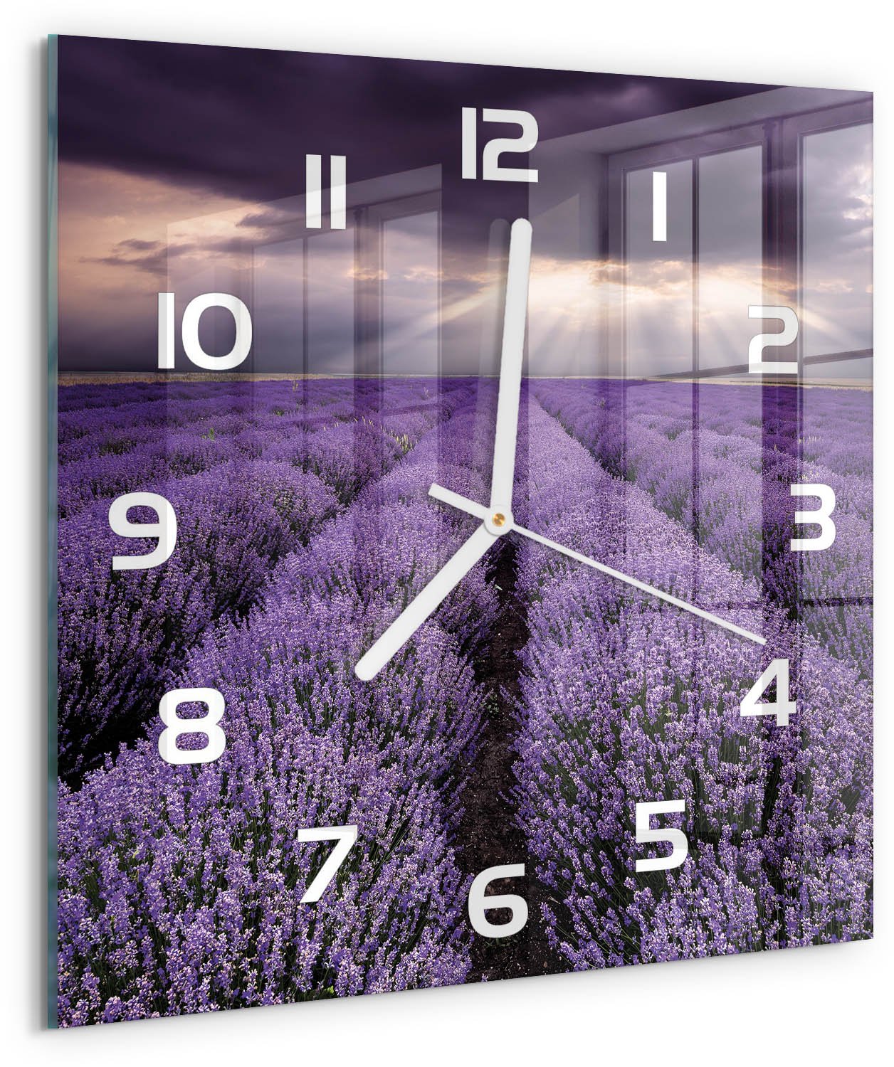 Tulup Wandklok - Lavendelveld Decoratieve Glazen Klok - 30x30 cm - Paars Glazen Wandklok Design - Witte handen - Vierkante Klok - Glazen Klok Met Print - Wandklok Glas Met Motief