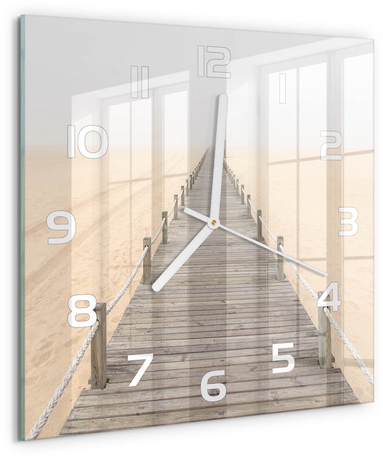 Tulup Wandklok - Strandpad Decoratieve Glazen Klok - 30x30 cm - Beige Glazen Wandklok Design - Witte handen - Vierkante Klok - Glazen Klok Met Print - Wandklok Glas Met Motief