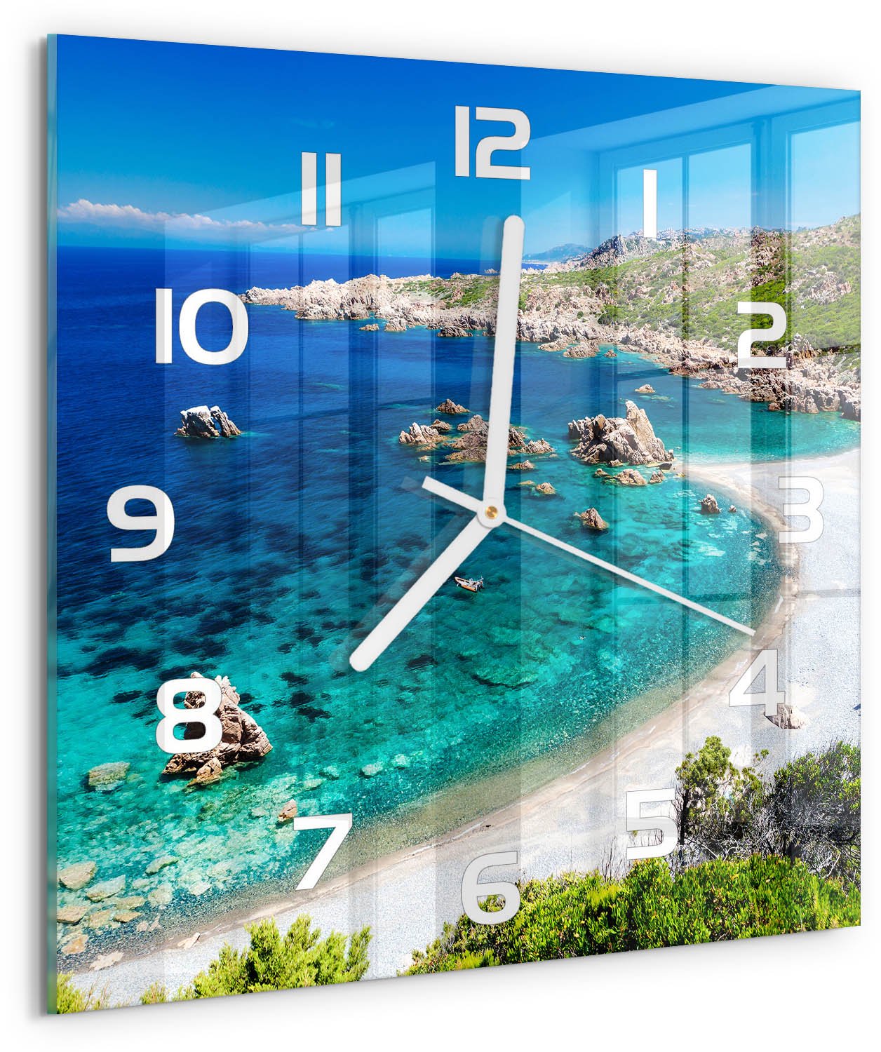 Tulup Wandklok - Baai Gekleurde Glazen Klok - 30x30 cm - Blauw Glazen Klok Met Print - Witte handen - Vierkante Klok - Moderne Wandklok Glas - Wandklok Glas Decoratie