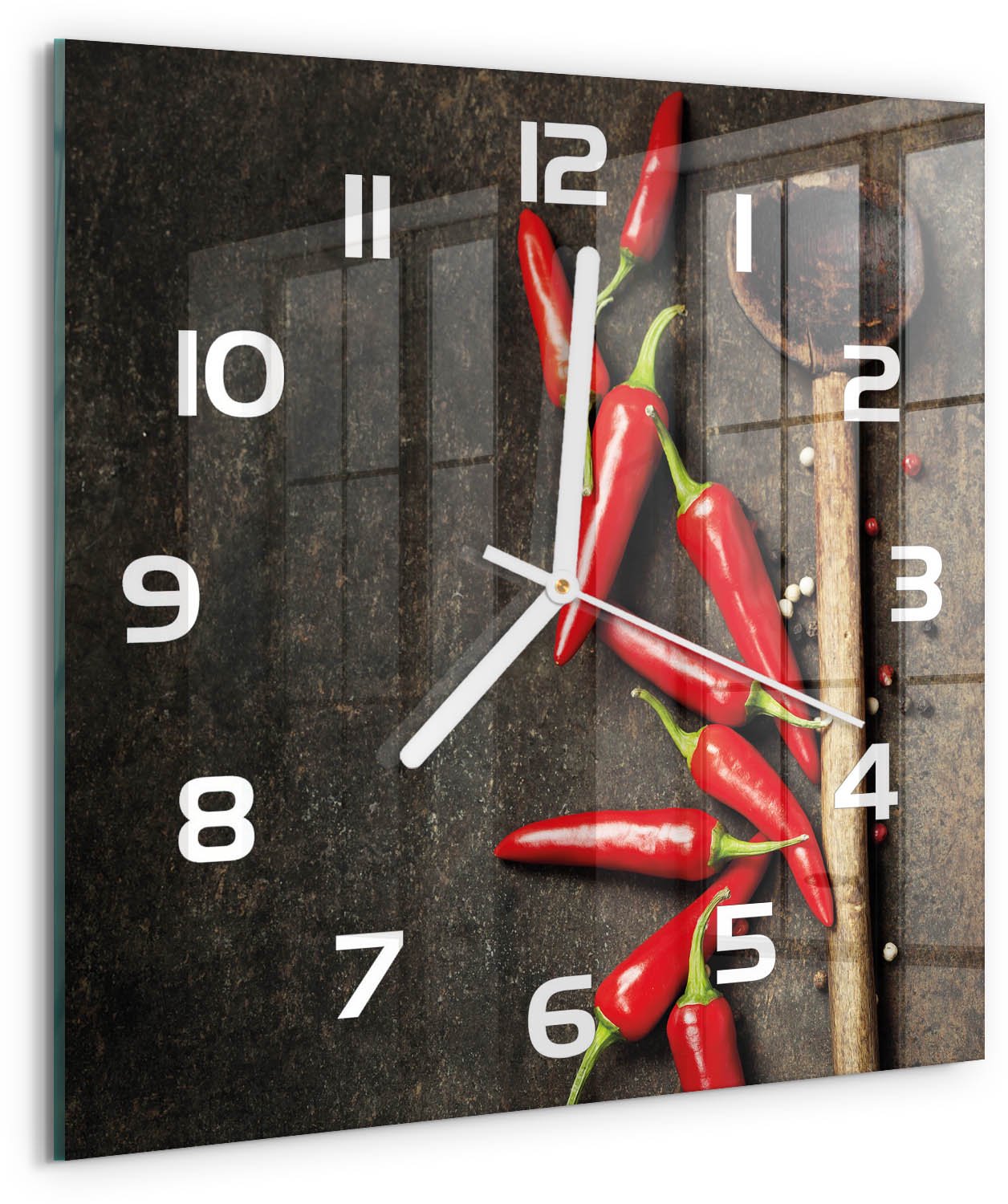Tulup Wandklok - Chilipepers Wandklok Glas Met Motief - 30x30 cm - Rood Decoratieve Glazen Klok - Witte handen - Vierkante Klok - Gekleurde Glazen Klok - Glazen Klok Met Print
