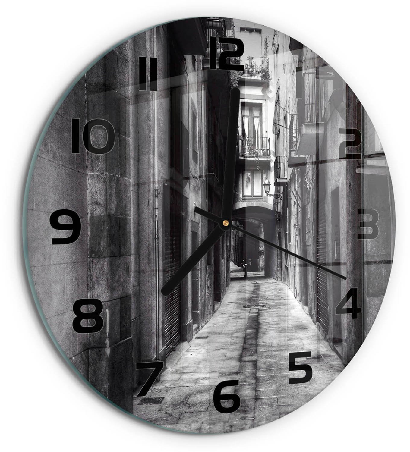 TULUP Wandklok - Barcelona, ​​Spanje Moderne Wandklok Glas - fi30 cm - Zwart-wit Wandklok Glas Decoratie - Zwarte handen - Ronde Klok - Glazen Wandklok Design - Klok Glas Met Opdruk