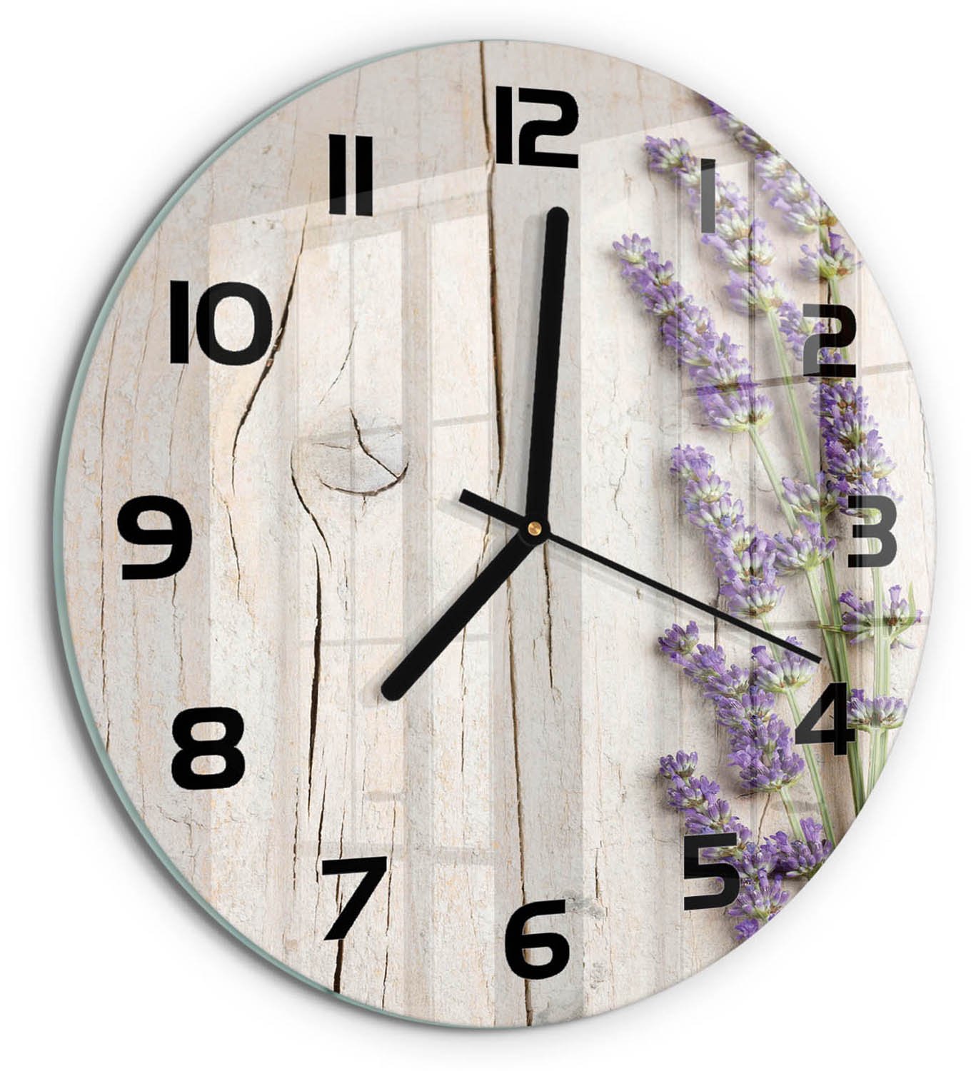 TULUP Wandklok - Lavendel op hout Glazen Wandklok Design - fi30 cm - Paars Klok Glas Met Opdruk - Zwarte handen - Ronde Klok - Wandklok Glas Met Motief - Decoratieve Glazen Klok