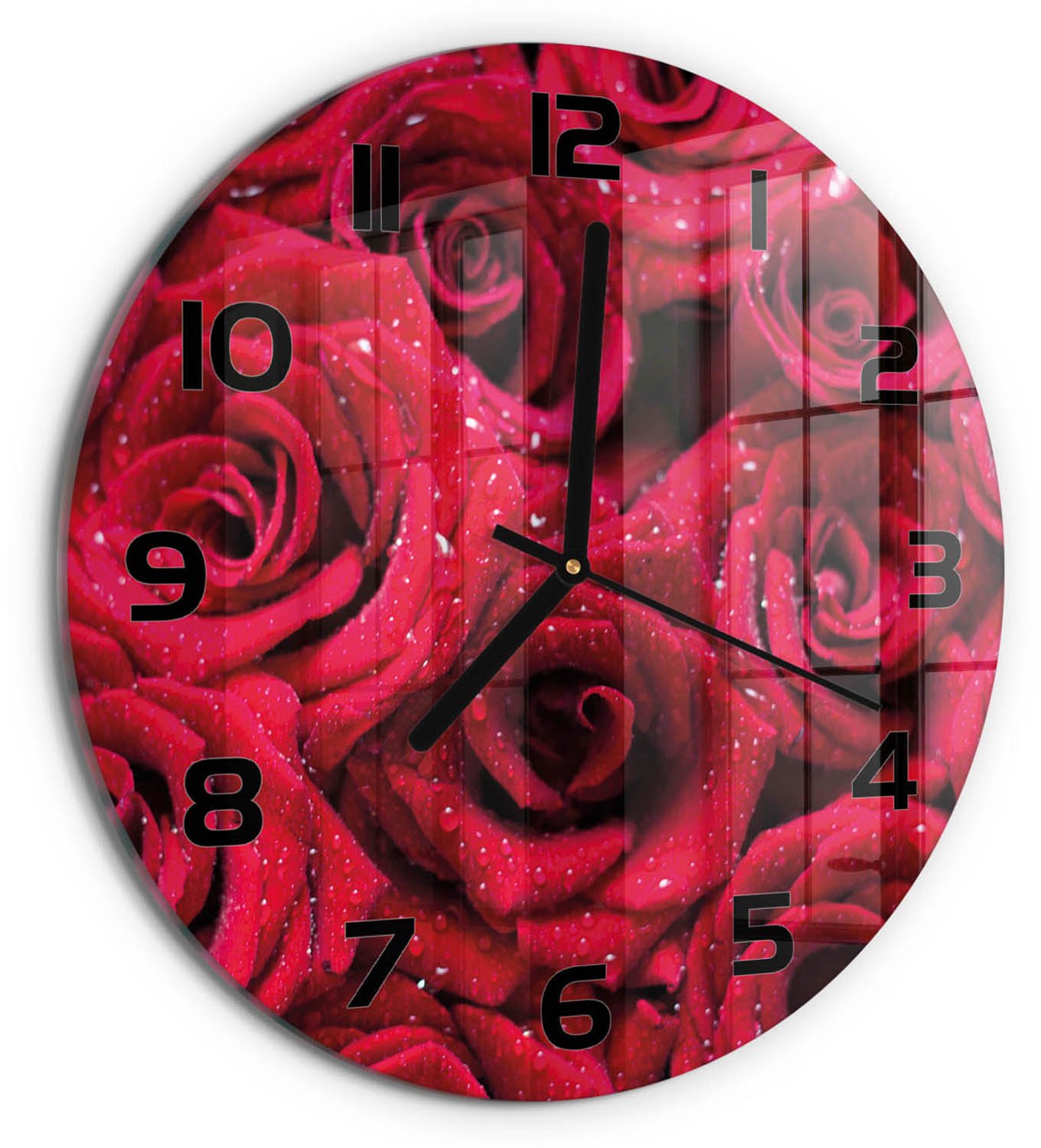 TULUP Wandklok - Druppels op rozen Glazen Klok Met Print - fi30 cm - Rood Wandklok Glas Met Motief - Zwarte handen - Ronde Klok - Wandklok Glas Decoratie - Gekleurde Glazen Klok