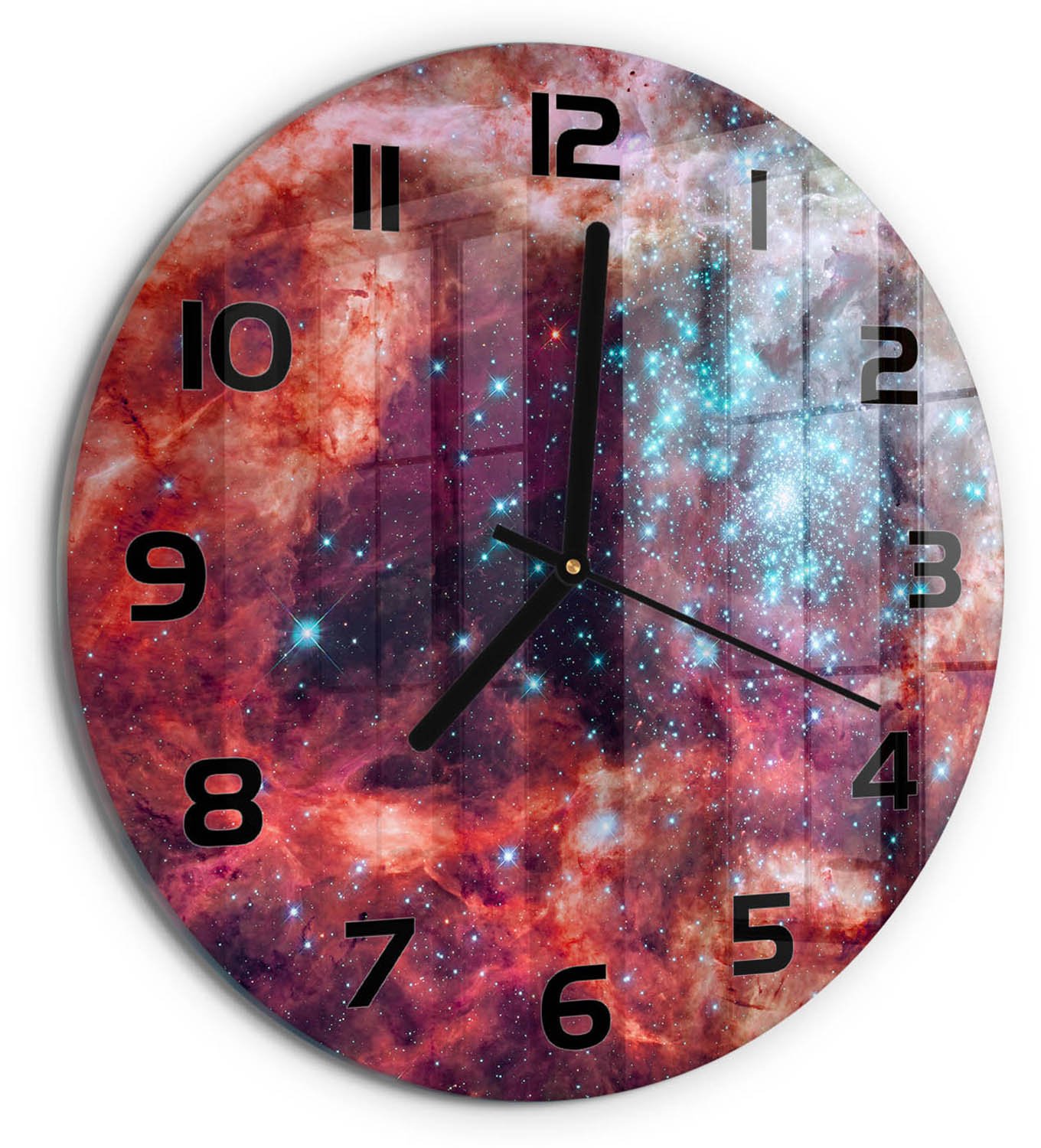 TULUP Wandklok - Magellaanse Wolk Decoratieve Glazen Klok - fi30 cm - Veelkleurig Glazen Wandklok Design - Zwarte handen - Ronde Klok - Glazen Klok Met Print - Wandklok Glas Met Motief