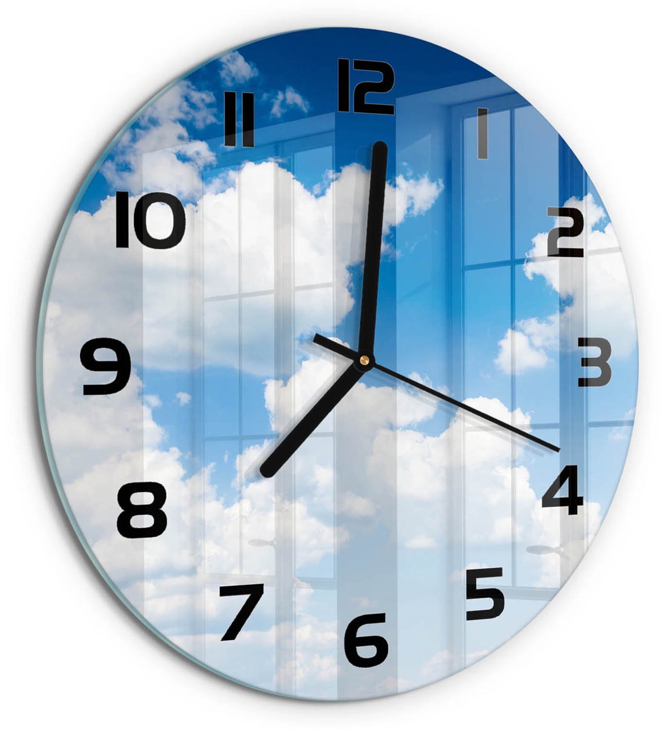 TULUP Wandklok - Wolken aan de hemel Moderne Wandklok Glas - fi30 cm - Blauw Wandklok Glas Decoratie - Zwarte handen - Ronde Klok - Glazen Wandklok Design - Klok Glas Met Opdruk