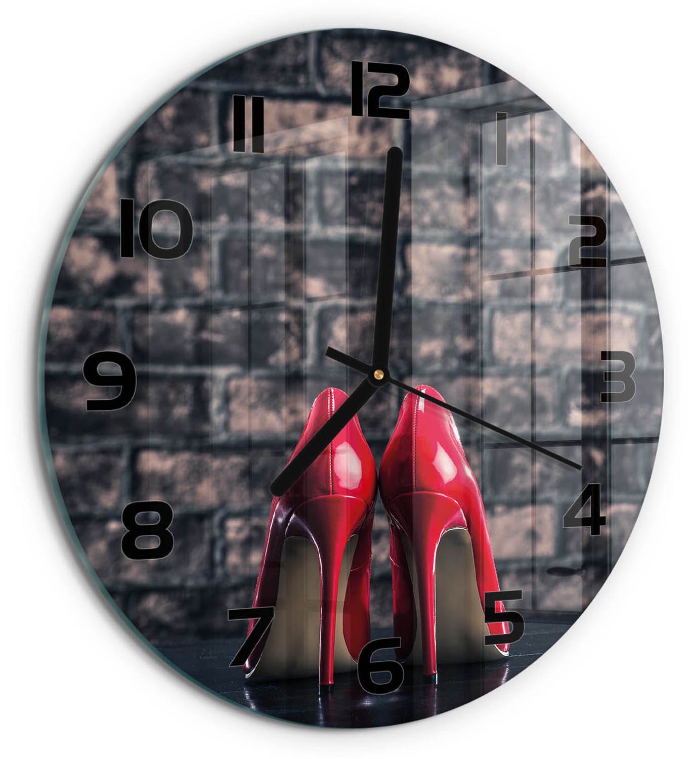 TULUP Wandklok - Rode hoge hakken Glazen Wandklok Design - fi30 cm - Rood Klok Glas Met Opdruk - Zwarte handen - Ronde Klok - Wandklok Glas Met Motief - Decoratieve Glazen Klok