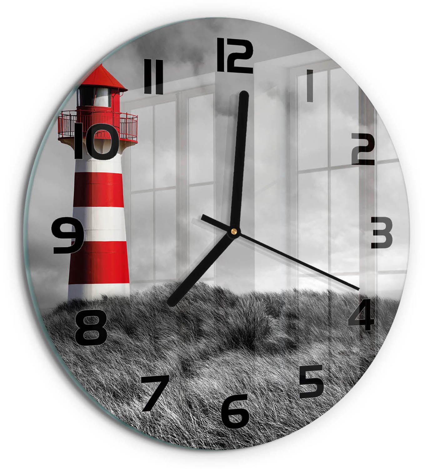 TULUP Wandklok - Vuurtoren Moderne Wandklok Glas - fi30 cm - Rood Wandklok Glas Decoratie - Zwarte handen - Ronde Klok - Glazen Wandklok Design - Klok Glas Met Opdruk