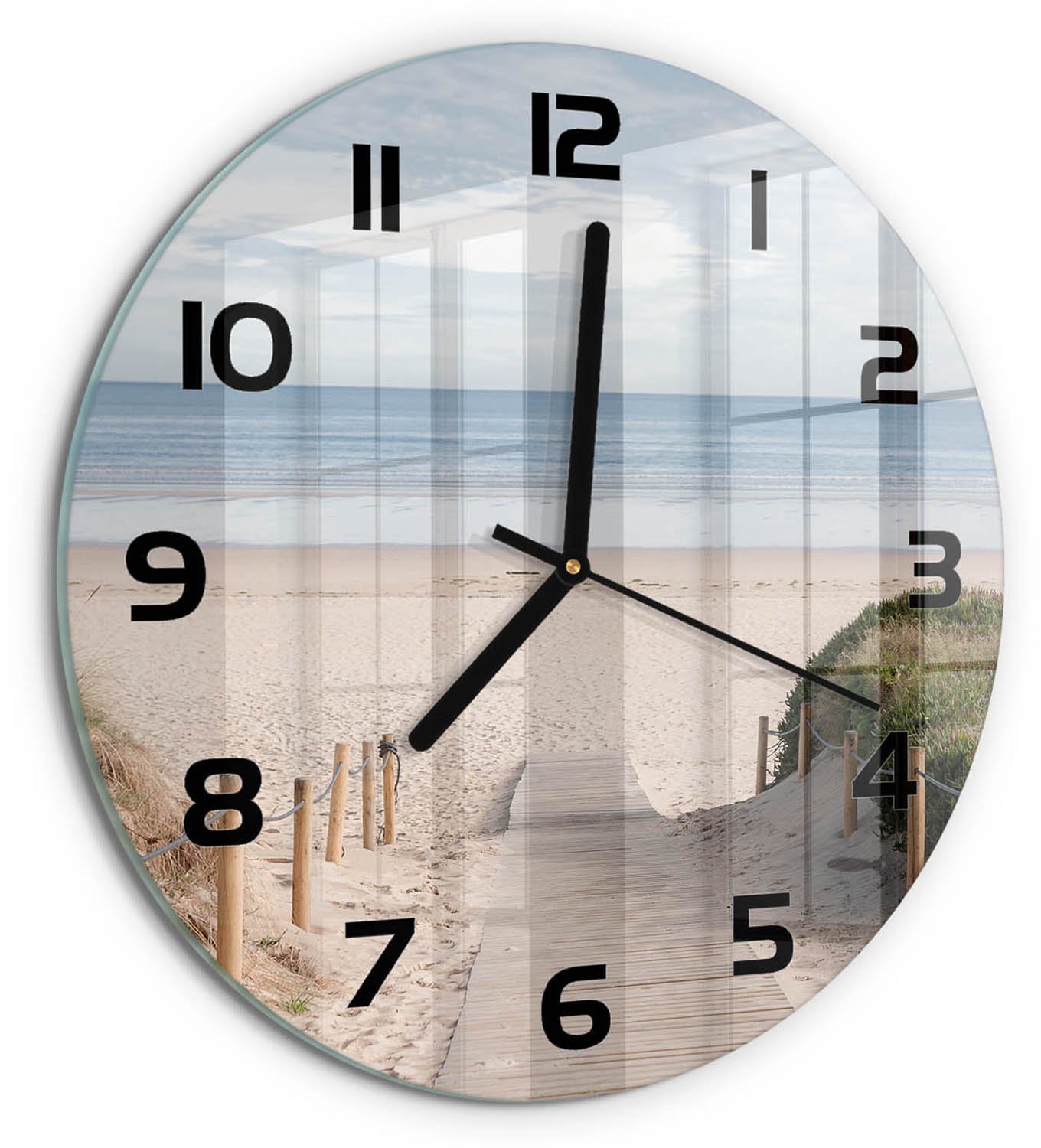 TULUP Wandklok - De weg naar het strand Wandklok Glas Decoratie - fi30 cm - Beige Gekleurde Glazen Klok - Zwarte handen - Ronde Klok - Klok Glas Met Opdruk - Moderne Wandklok Glas