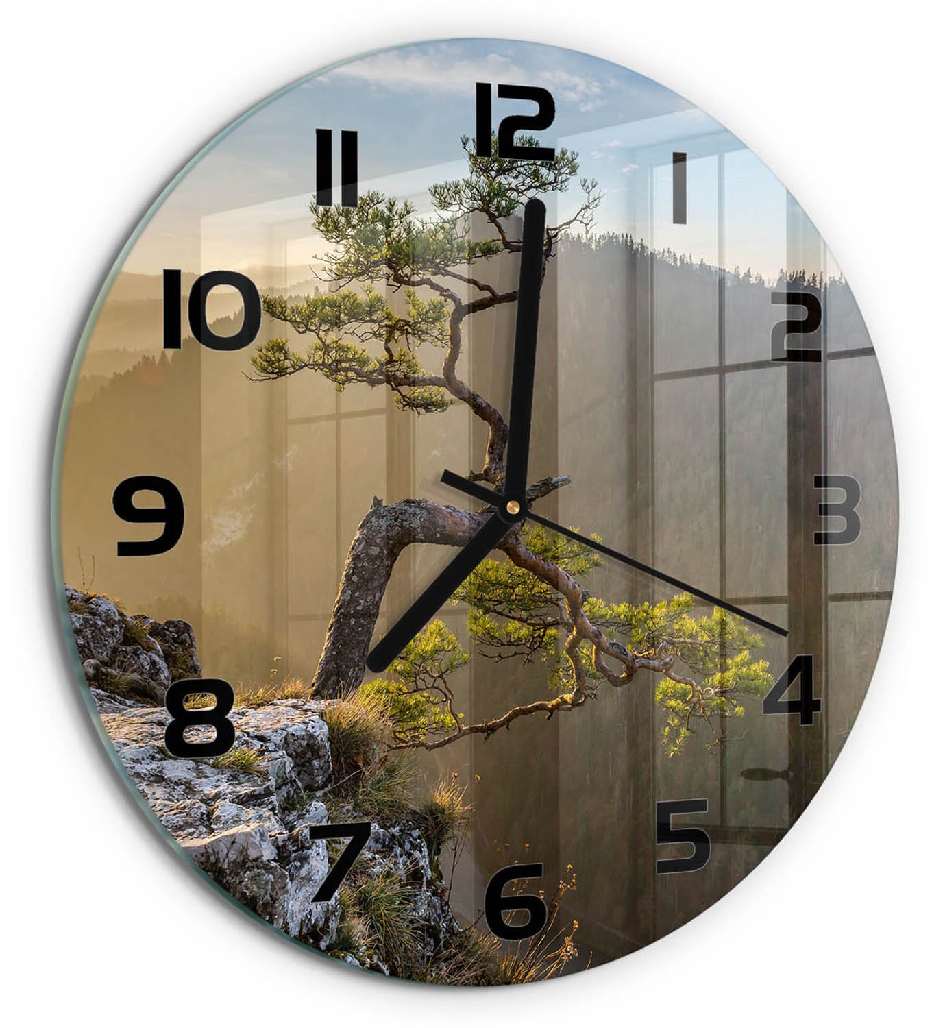 TULUP Wandklok - Sokolica Pieniny Gekleurde Glazen Klok - fi30 cm - Groente Glazen Klok Met Print - Zwarte handen - Ronde Klok - Moderne Wandklok Glas - Wandklok Glas Decoratie
