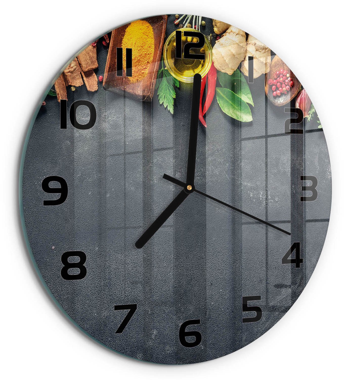 TULUP Wandklok - Kruiden en specerijen Wandklok Glas Decoratie - fi30 cm - Veelkleurig Gekleurde Glazen Klok - Zwarte handen - Ronde Klok - Klok Glas Met Opdruk - Moderne Wandklok Glas