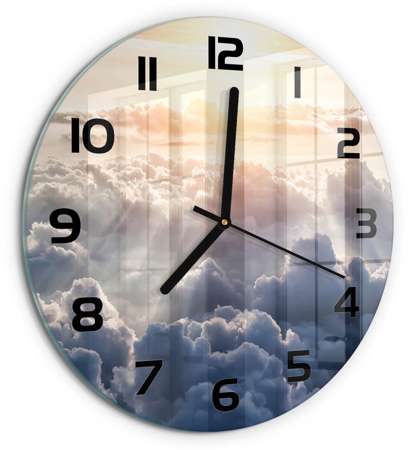 TULUP Wandklok - Wolken gezien vanuit vogelperspectief Gekleurde Glazen Klok - fi30 cm - Geel Glazen Klok Met Print - Zwarte handen - Ronde Klok - Moderne Wandklok Glas - Wandklok Glas Decoratie