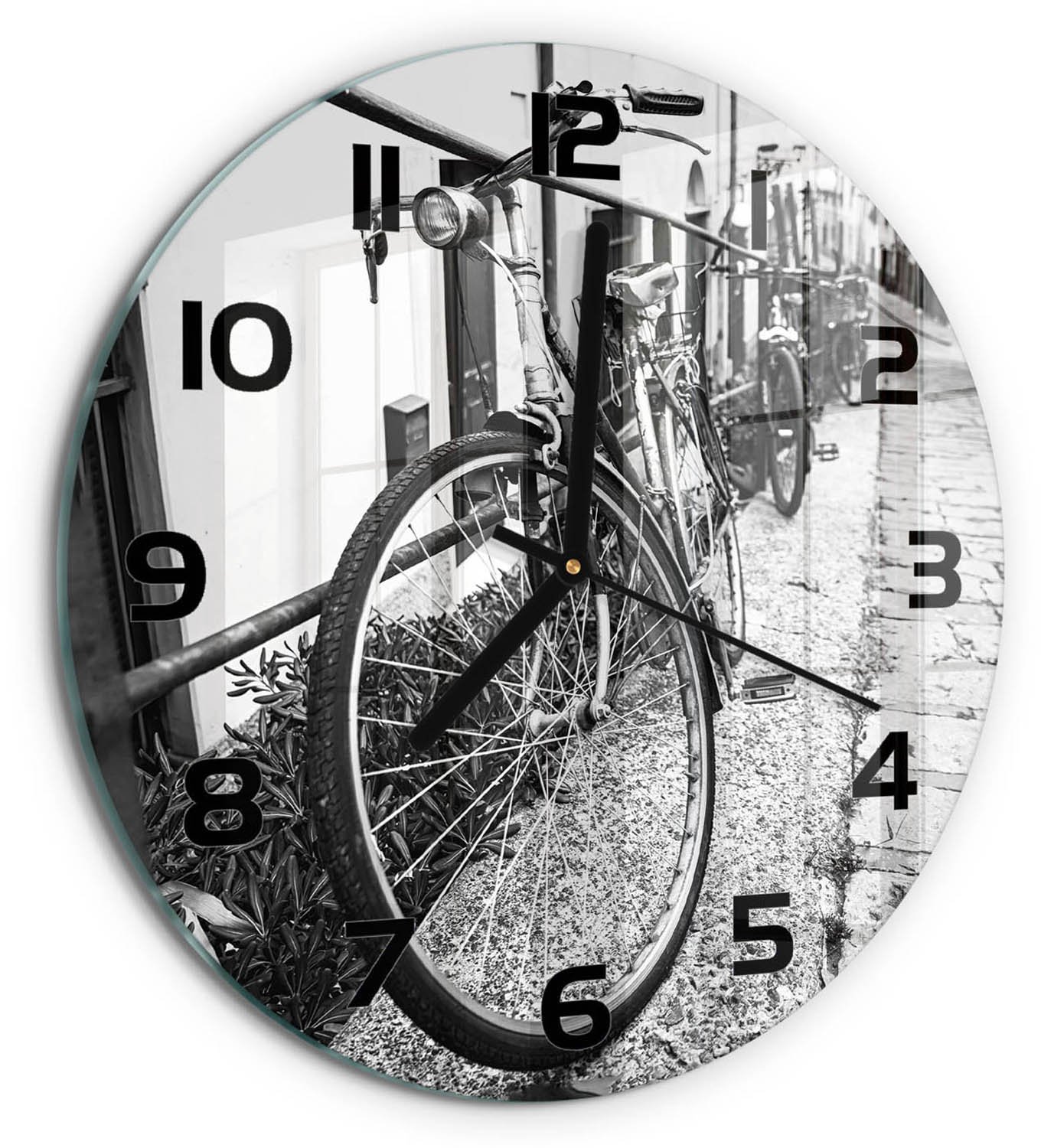 TULUP Wandklok - Stadsfietsen Moderne Wandklok Glas - fi30 cm - Zwart-wit Wandklok Glas Decoratie - Zwarte handen - Ronde Klok - Glazen Wandklok Design - Klok Glas Met Opdruk