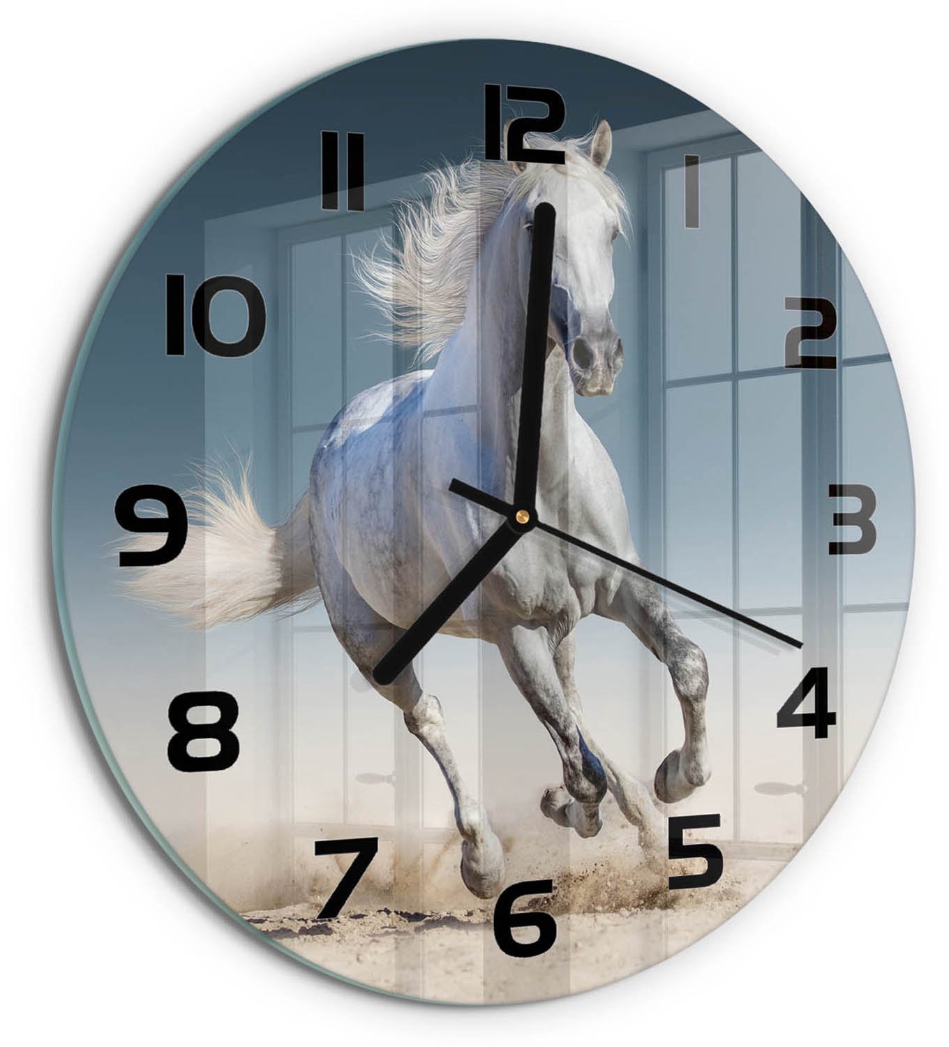 TULUP Wandklok - Galopperend grijs paard Wandklok Glas Met Motief - fi30 cm - Wit Decoratieve Glazen Klok - Zwarte handen - Ronde Klok - Gekleurde Glazen Klok - Glazen Klok Met Print