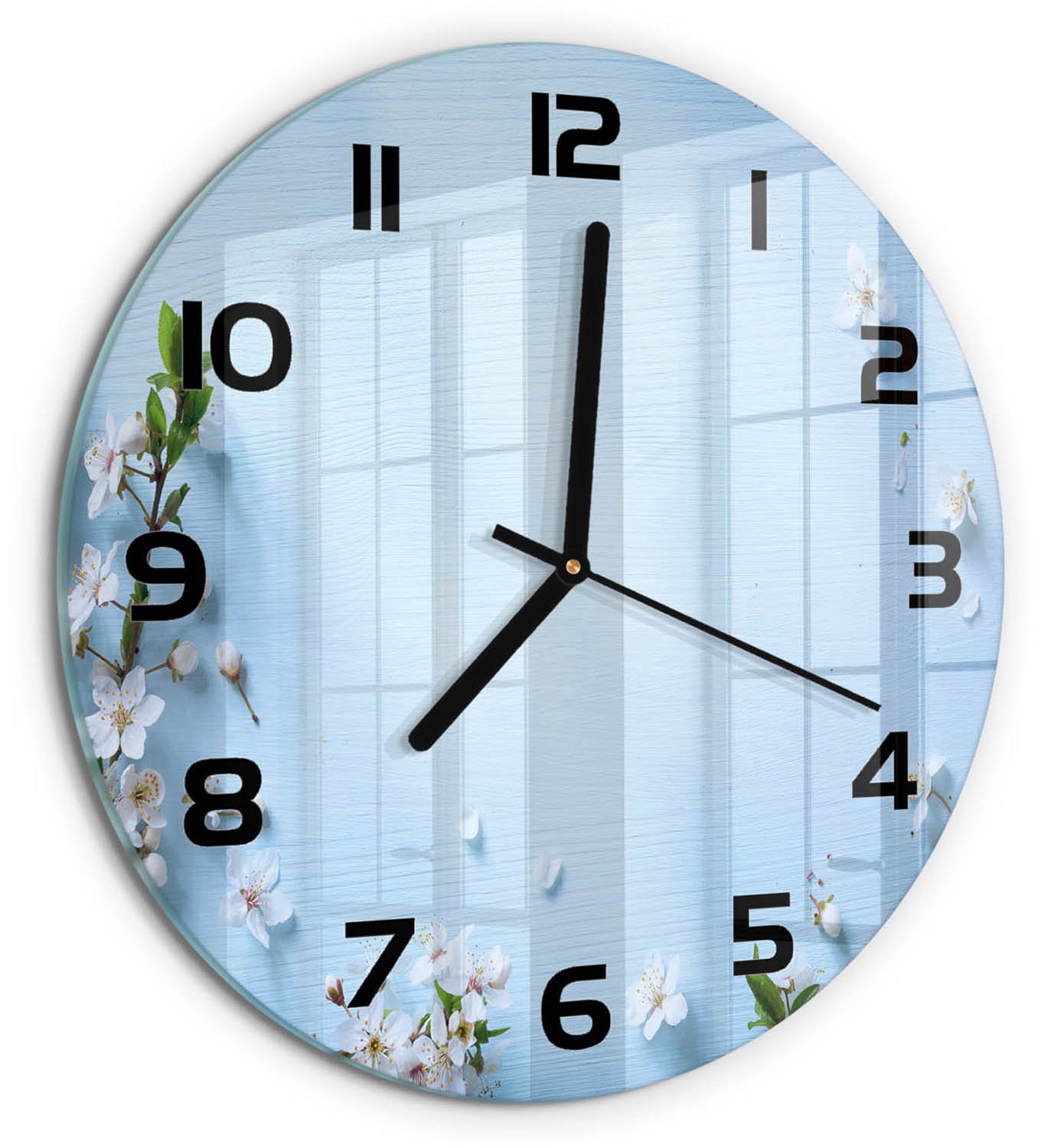 TULUP Wandklok - Achtergrond met kersenbloesem Decoratieve Glazen Klok - fi30 cm - Blauw Glazen Wandklok Design - Zwarte handen - Ronde Klok - Glazen Klok Met Print - Wandklok Glas Met Motief