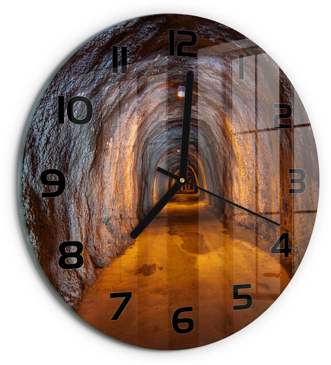 TULUP Wandklok - Ondergrondse tunnel Wandklok Glas Decoratie - fi30 cm - Oranje Gekleurde Glazen Klok - Zwarte handen - Ronde Klok - Klok Glas Met Opdruk - Moderne Wandklok Glas